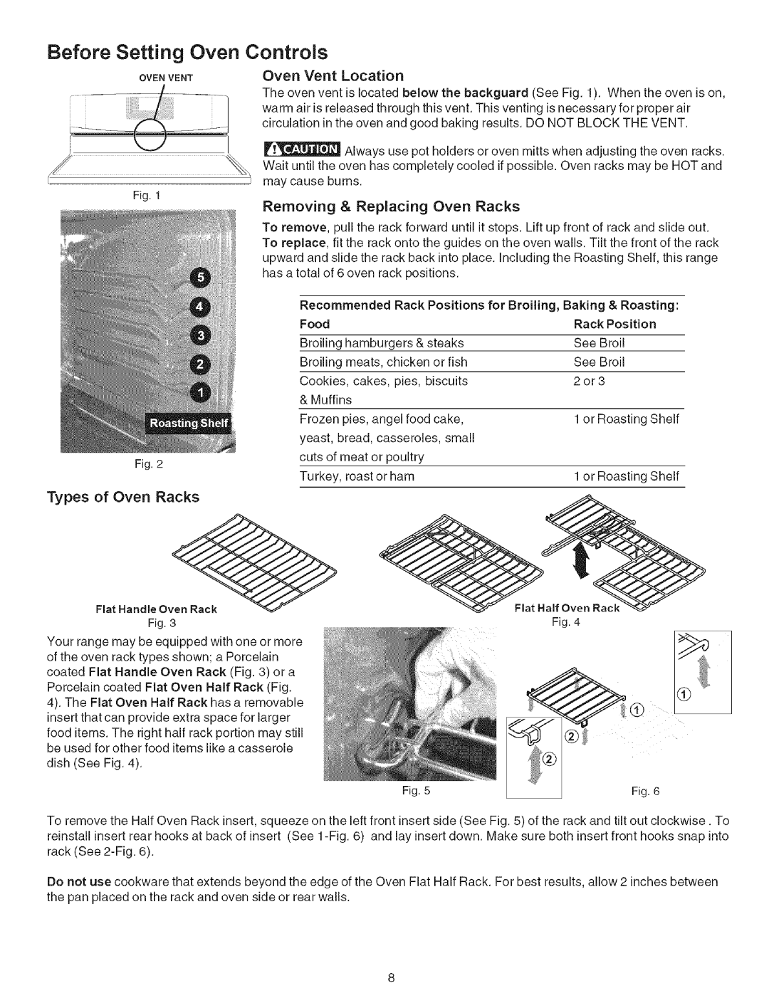 Kenmore 790.7946 manual Before Setting Oven Controls, Removing, Replacing, Types of Oven Racks 