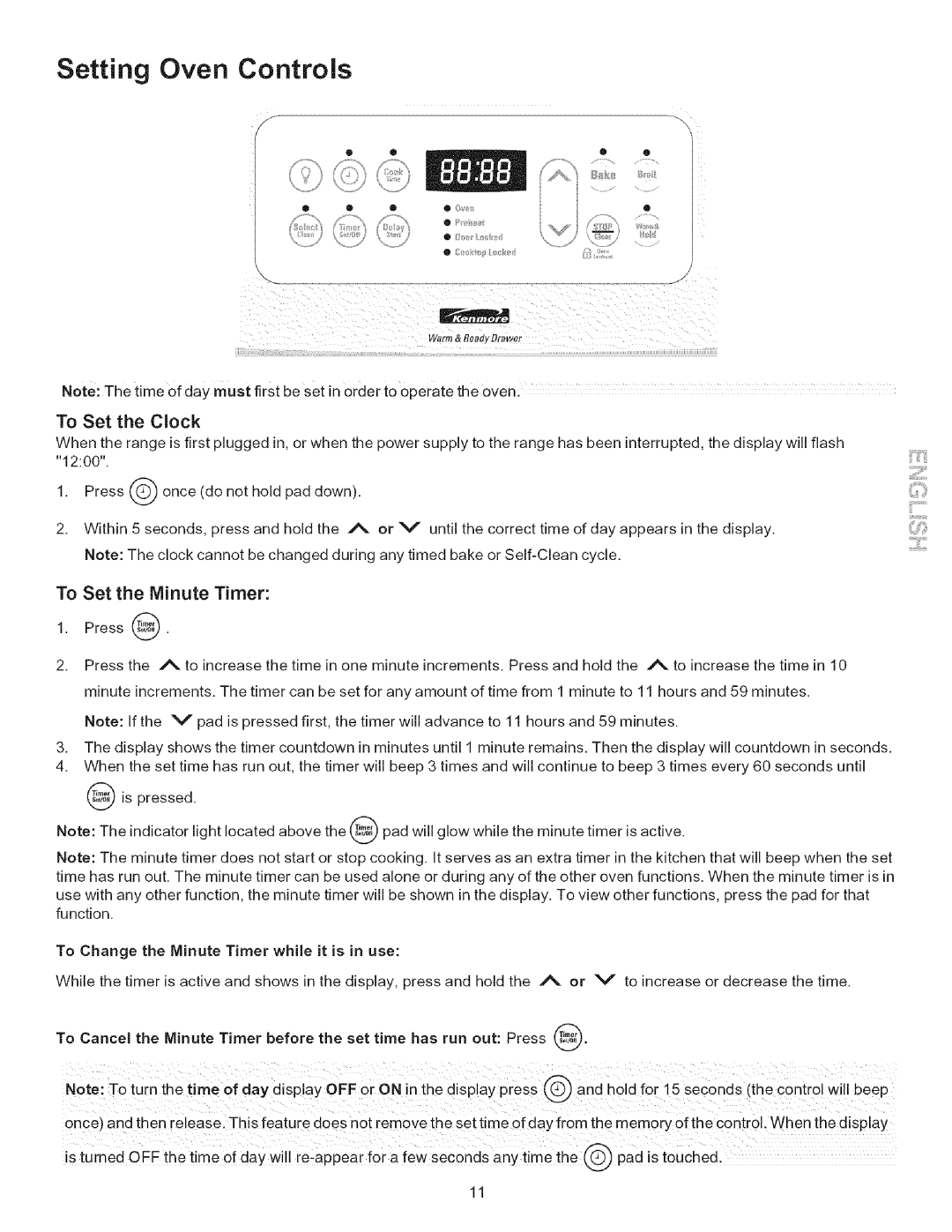 Kenmore 790.7866, 790.7965, 790.7865 manual Setting Oven Controls, To Set the Clock, To Set the Minute Timer 