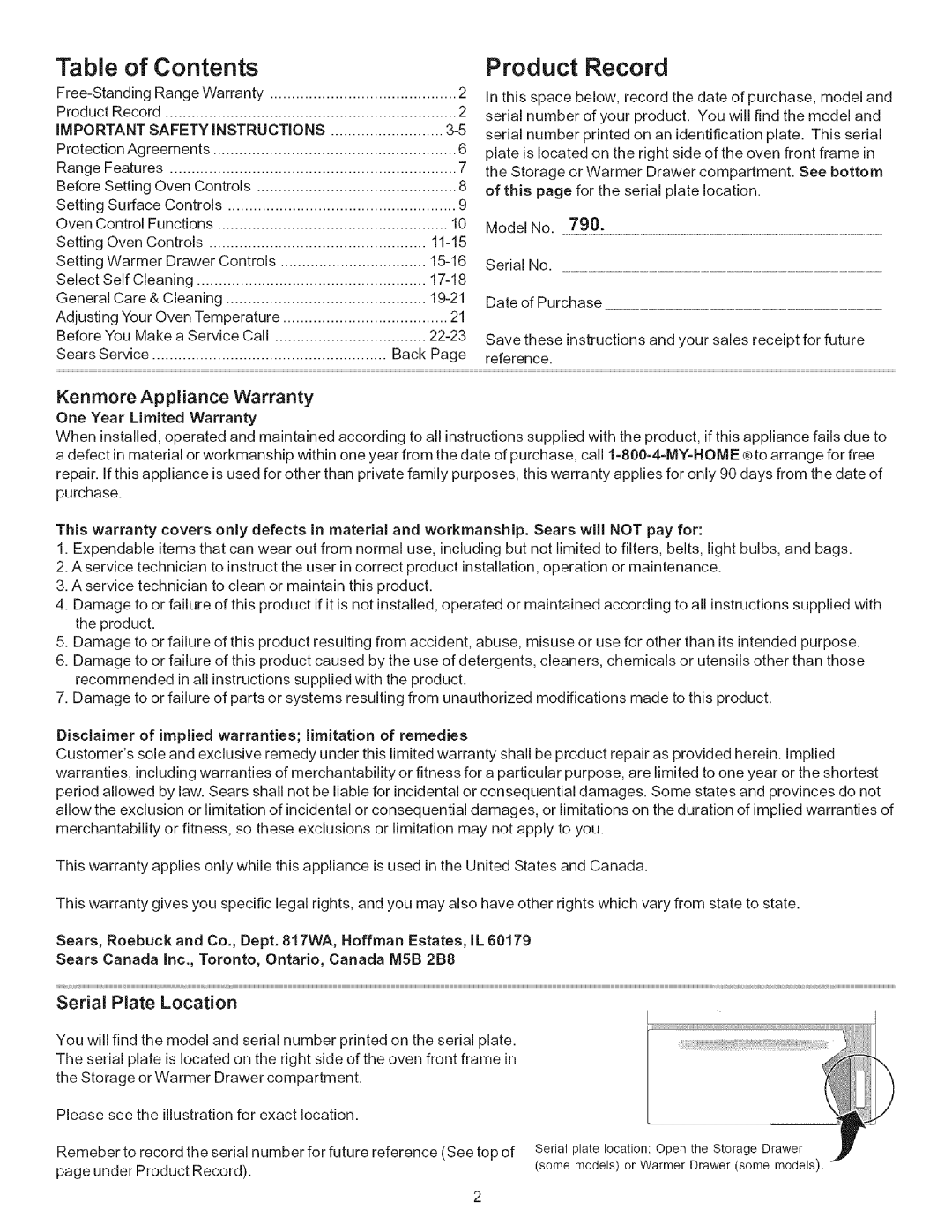 Kenmore 790.7866, 790.7965, 790.7865 manual Kenmore Appliance Warranty, Serial Plate Location, IMPORTANT Safety iNSTRUCTiONS 