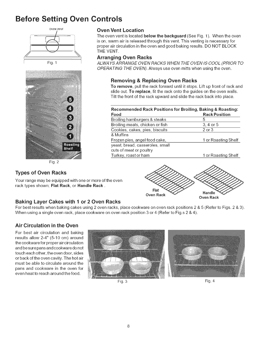 Kenmore 790.7866, 790.7965, 790.7865 Before Setting Oven Controls, Removing & Replacing Oven Racks, Types of Oven Racks 