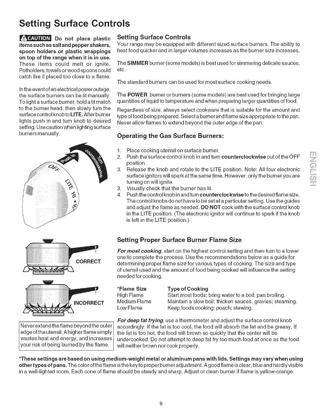 Kenmore 790.7965, 790.7865, 790.7866 manual Setting Surface Controls, Setting Proper Surface Burner Flame Size 