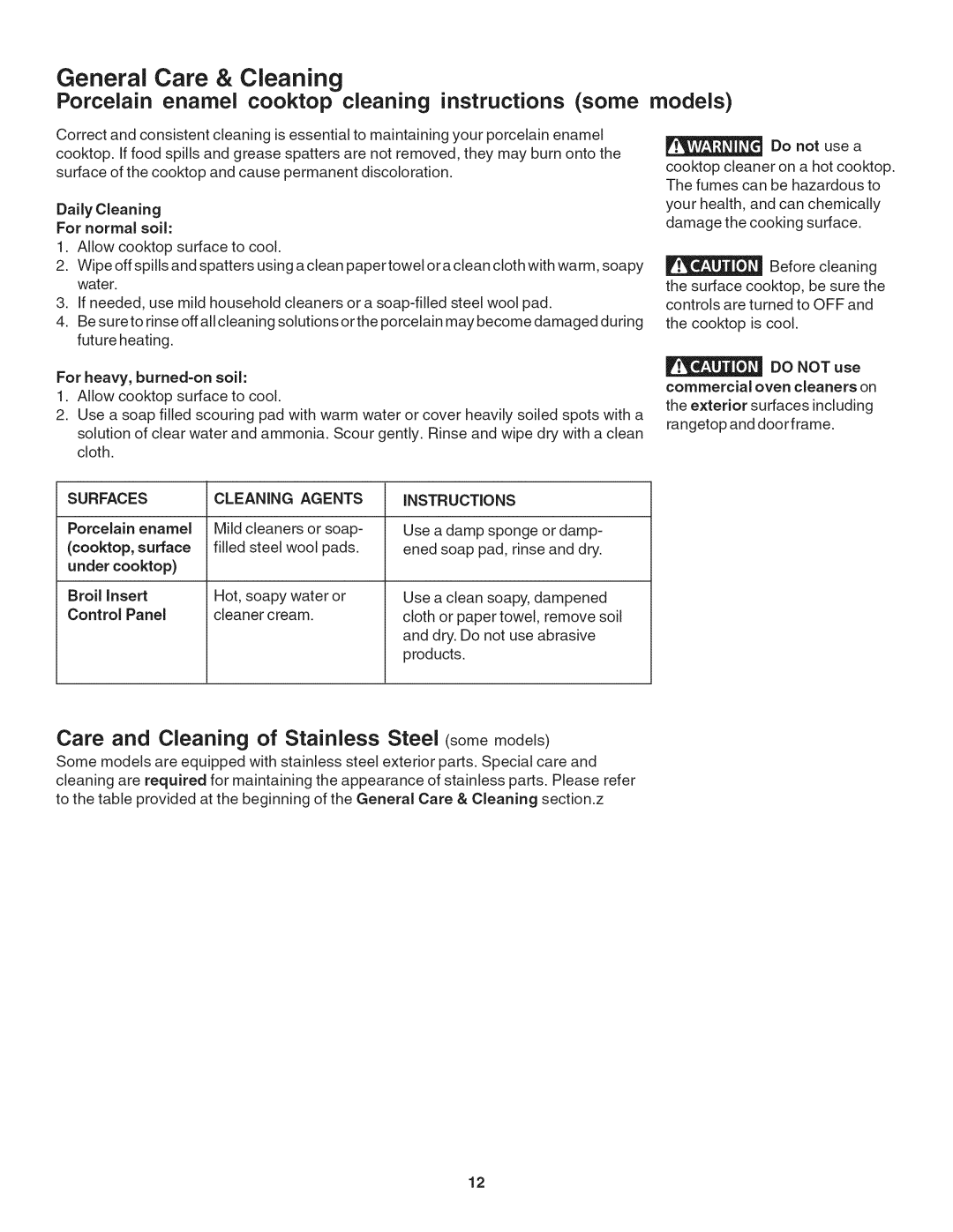 Kenmore 790.3248, 790.7971, 790.3244, 790.3249, 790.3245 manual Porcelain enamel cooktop cleaning instructions some models 