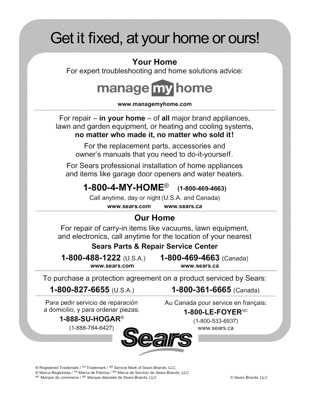 Kenmore 790.3244, 790.7971, 790.3248, 790.3249, 790.3245 manual Your Home, Call anytime, day or night U.S.A. and Canada 