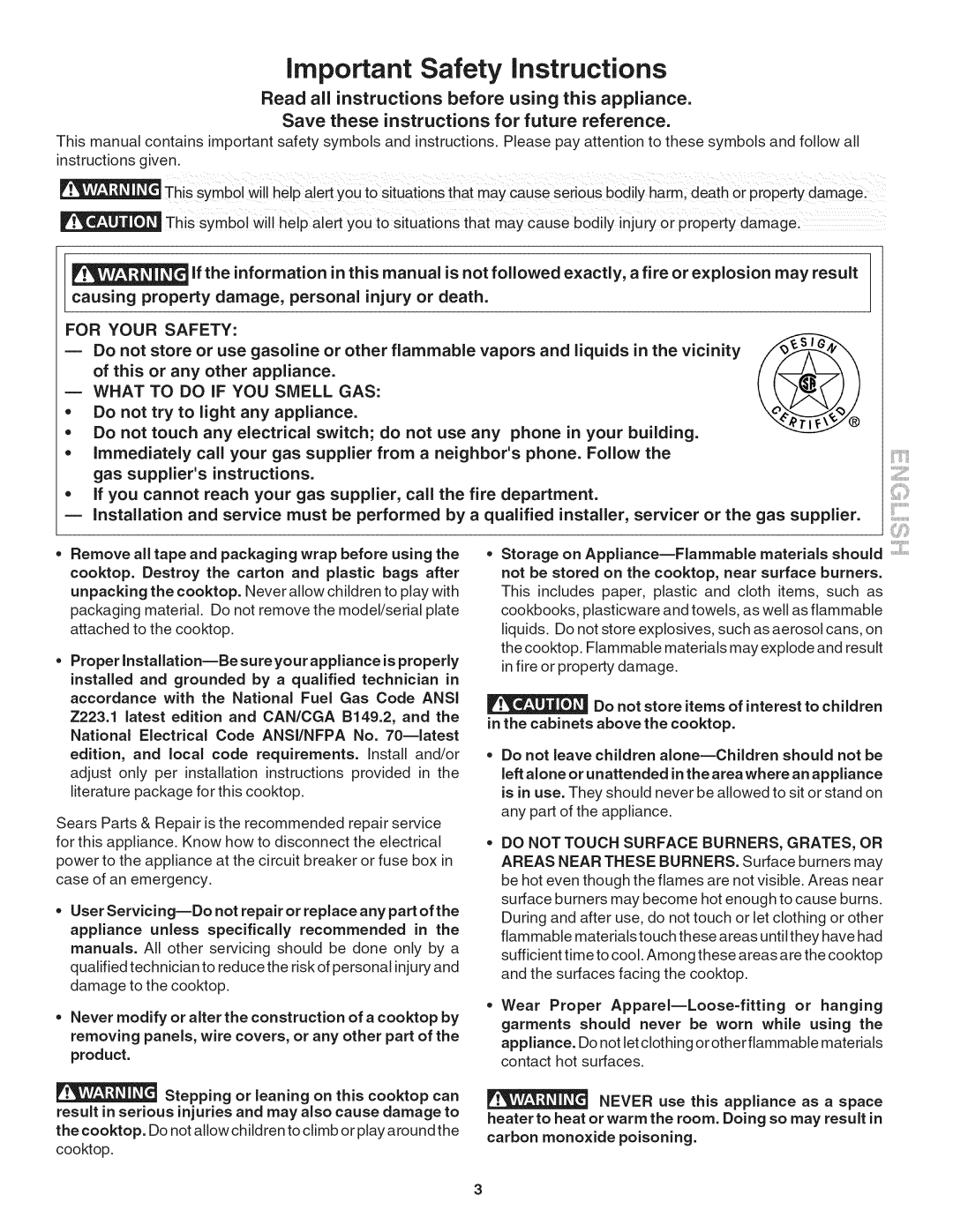 Kenmore 790.3249, 790.7971, 790.3244, 790.3248, 790.3245 manual Important Safety instructions 