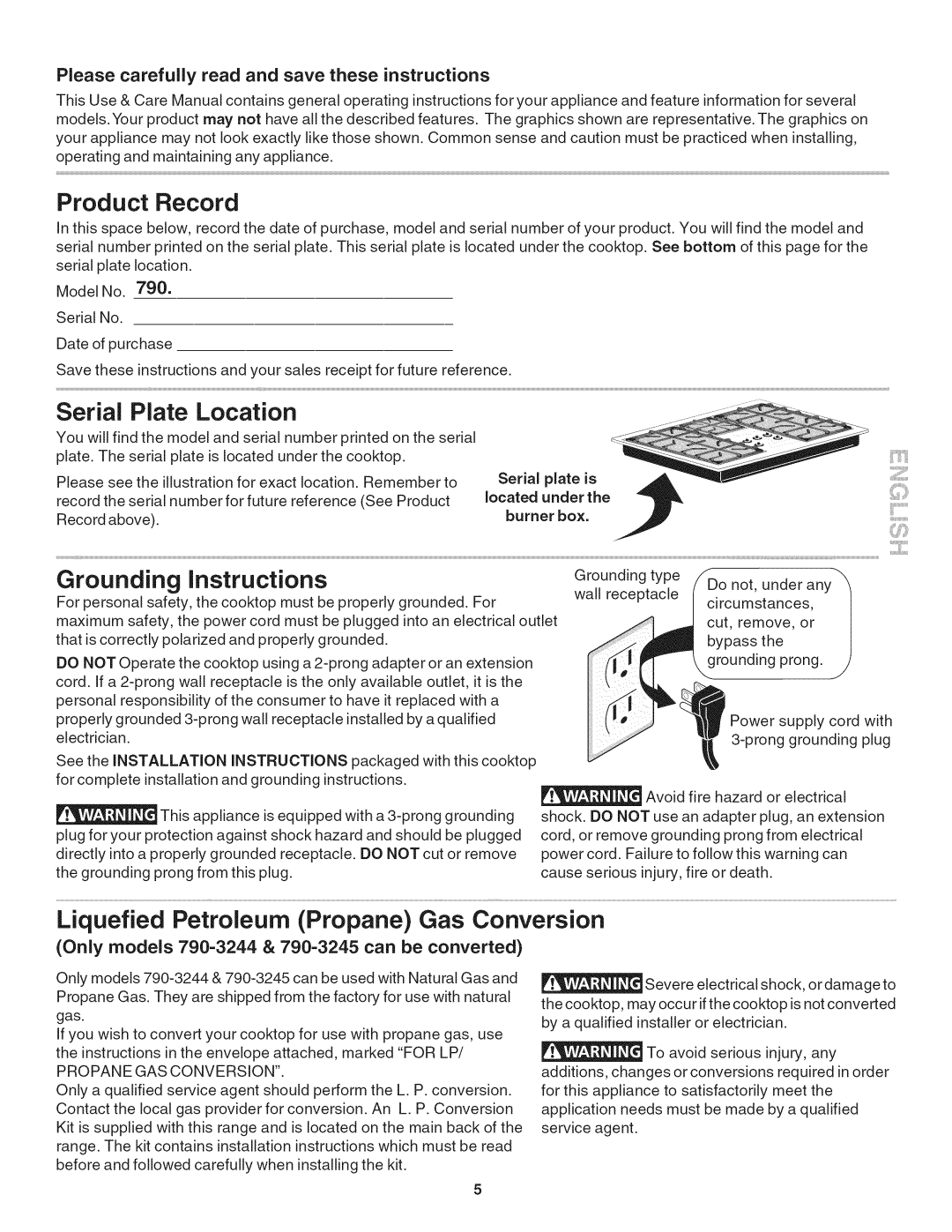 Kenmore 790.7971, 790.3244 Product Record, Serial Plate Location, Grounding, Liquefied Petroleum Propane Gas Conversion 