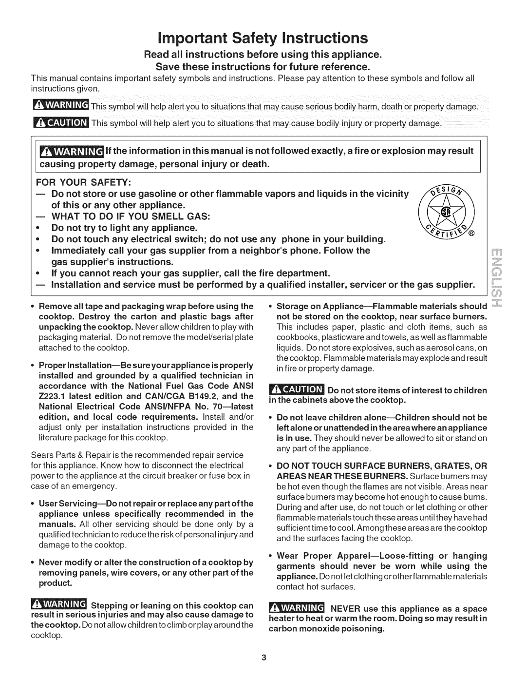 Kenmore 790.3249 manual important Safety instructions, Read all instructions before using this appliance, For Your Safety 