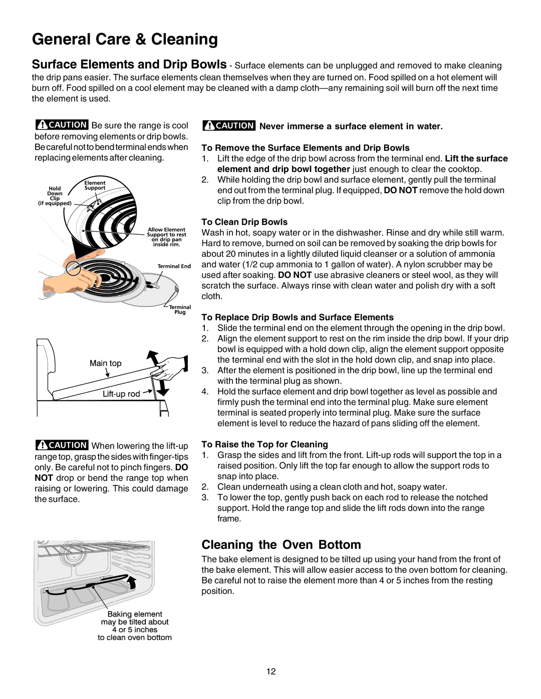 Kenmore 790.9103, 790.9006 To Clean Drip Bowls, To Replace Drip Bowls and Surface Elements, To Raise the Top for Cleaning 