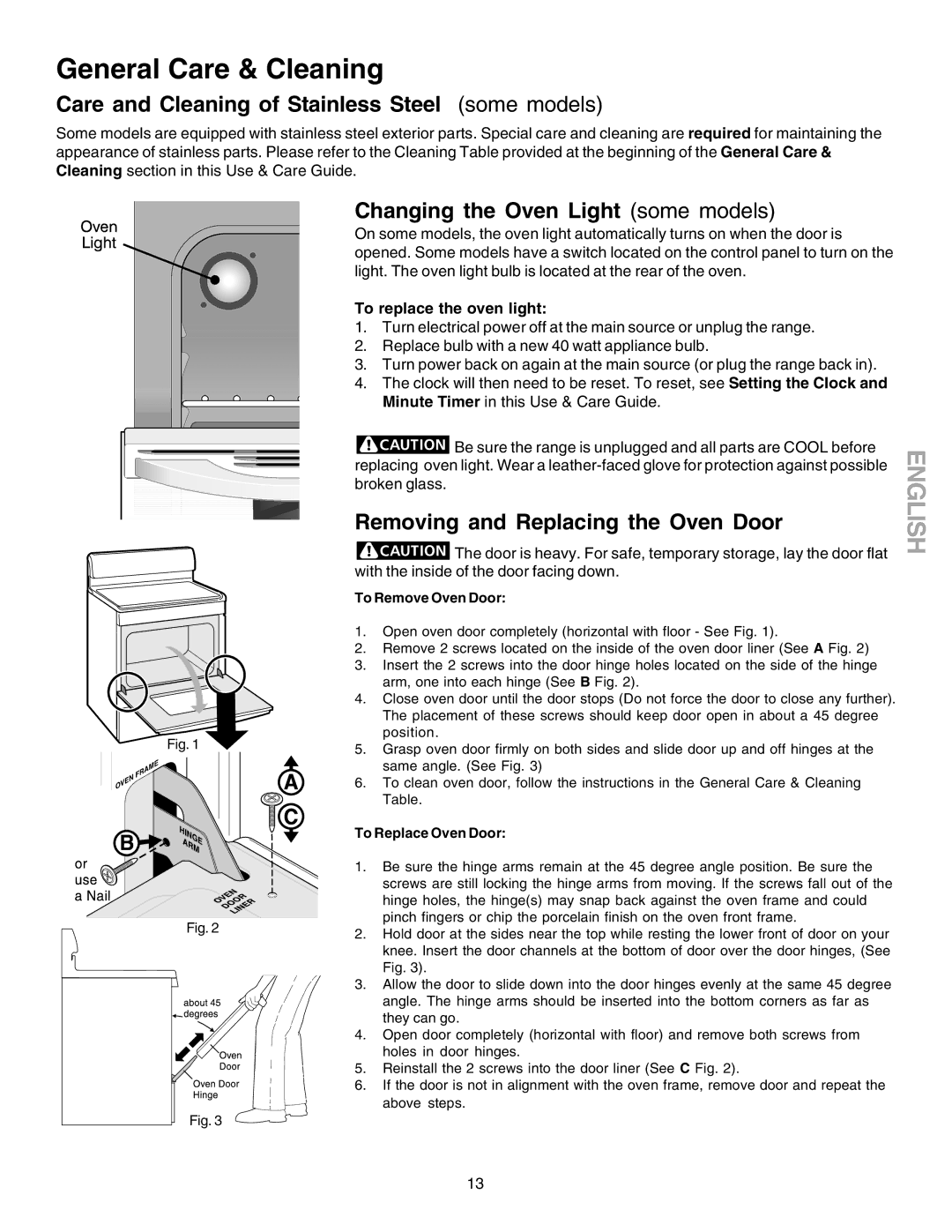 Kenmore 790.9083, 790.9006, 790.9003, 790.9104 Care and Cleaning of Stainless Steel some models, To replace the oven light 