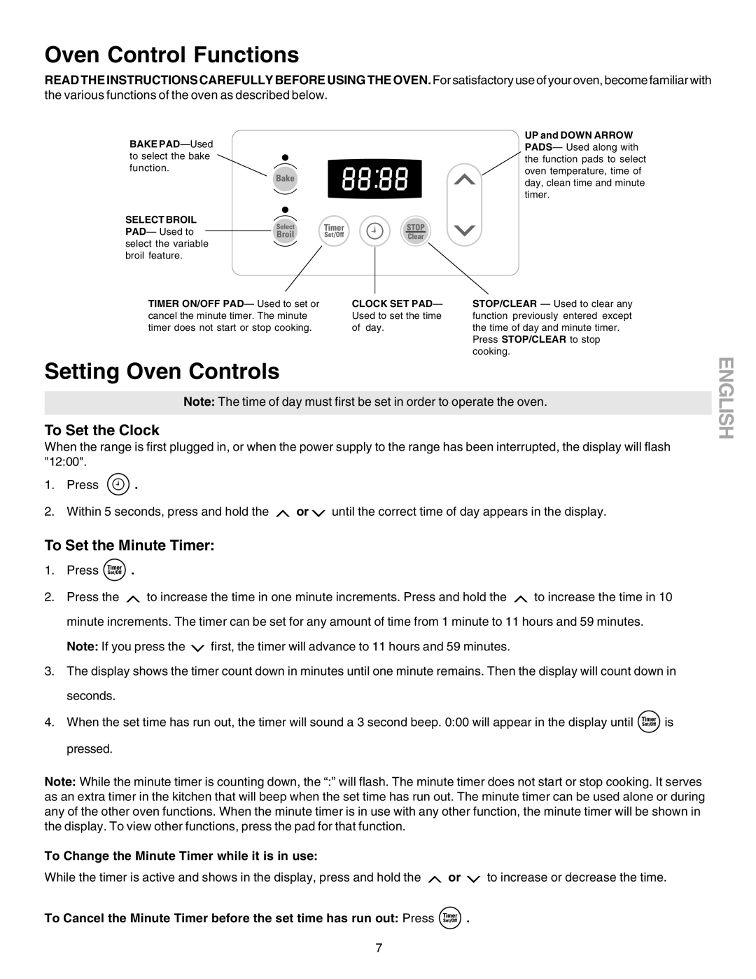 Kenmore 790.9004, 790.9006 manual Oven Control Functions, Setting Oven Controls, To Set the Clock, To Set the Minute Timer 