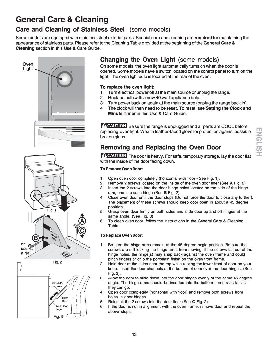 Kenmore 790.9083, 790.9006 Care and Cleaning of Stainless Steel some models, Changing the Oven Light some models, English 
