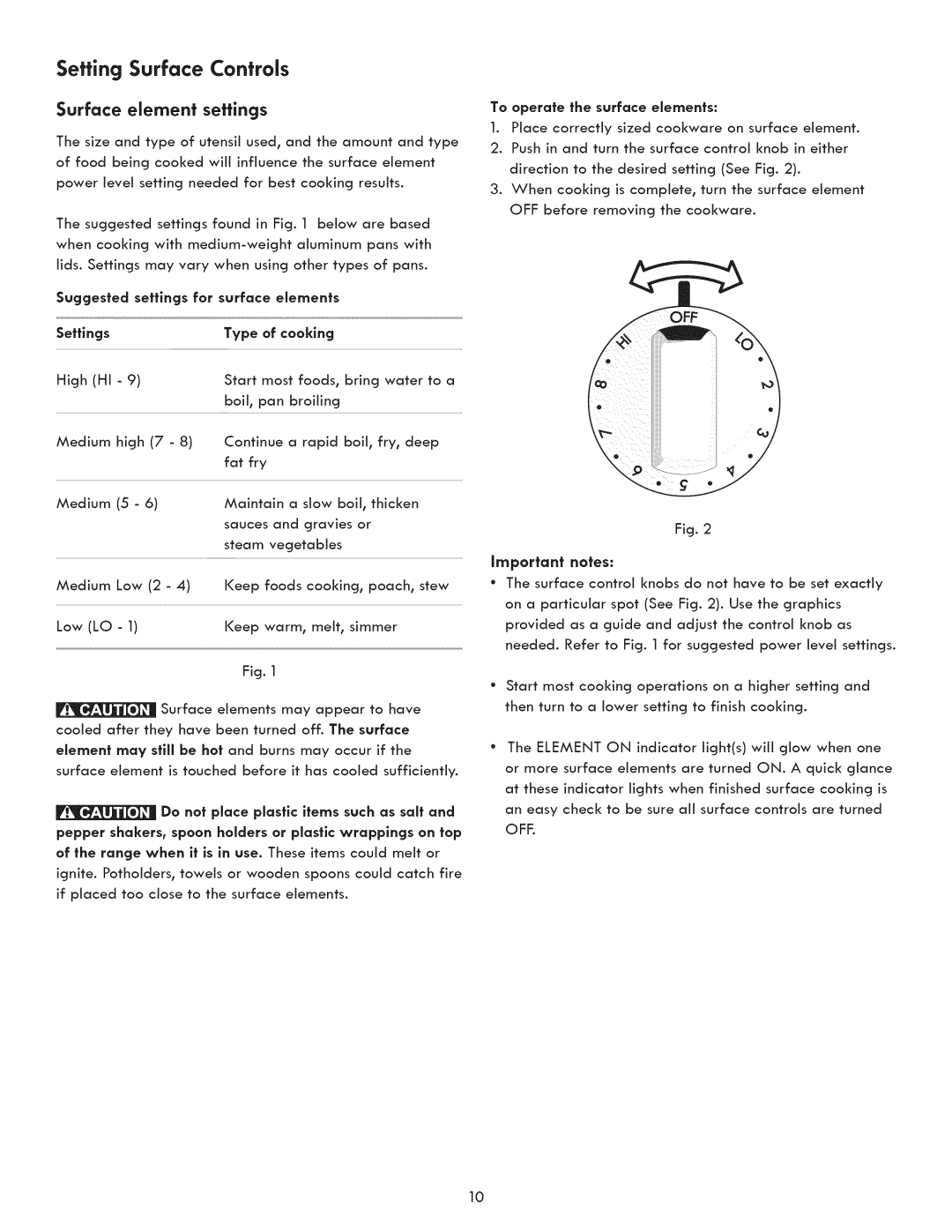 Kenmore 790.9031 manual Setting Surface Controls, Surface element settings 