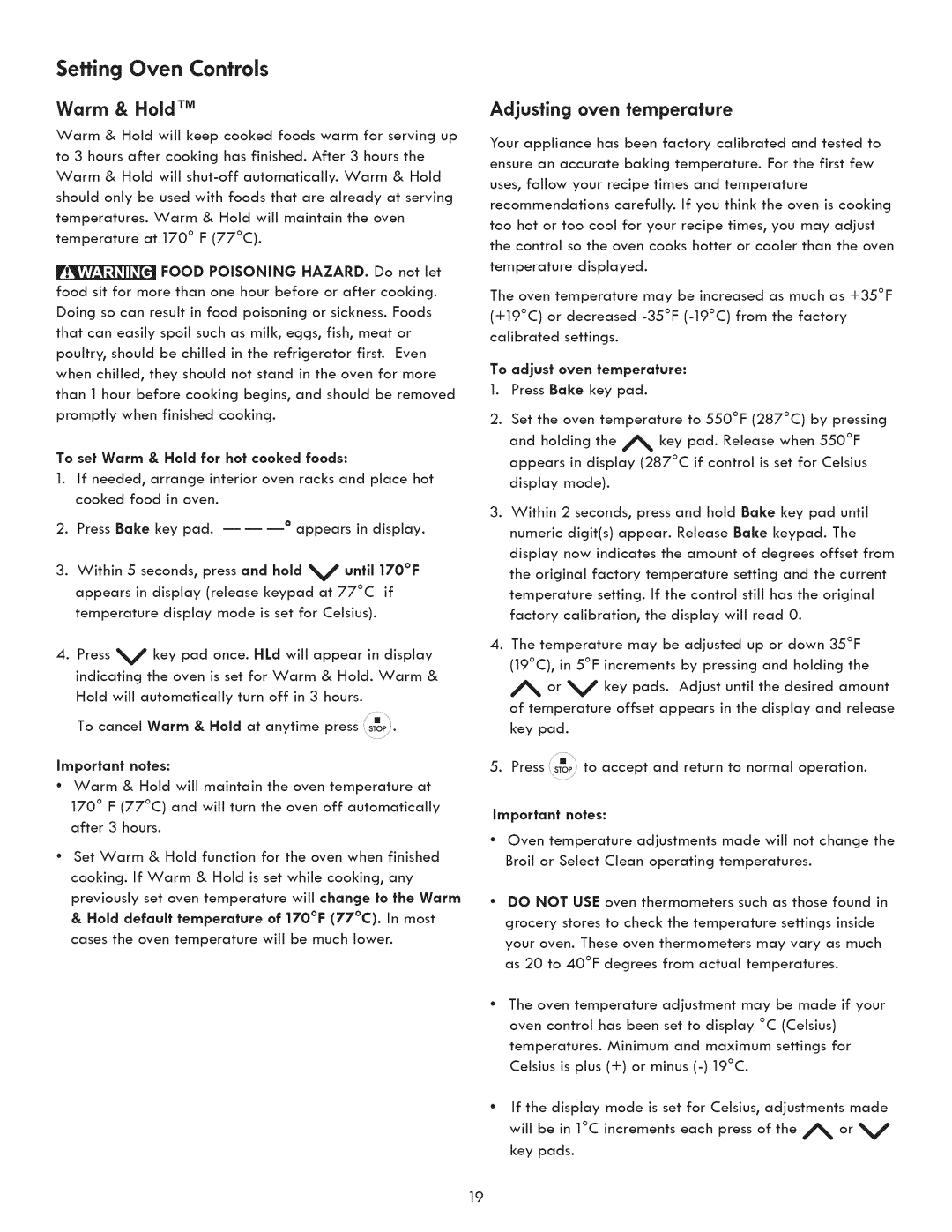 Kenmore 790.9031 manual Warm & Hold TM, Adjusting, Oven, Femperature, Important notes 