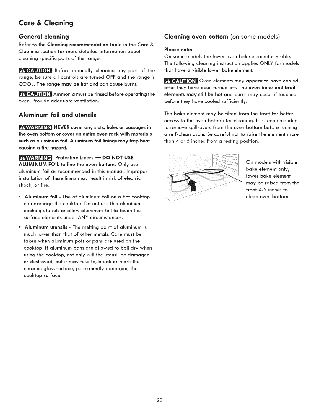 Kenmore 790.9031 manual Care & Cleaning, General Cleaning, Cleaning oven bottom on some models, Aluminum foil and utensils 