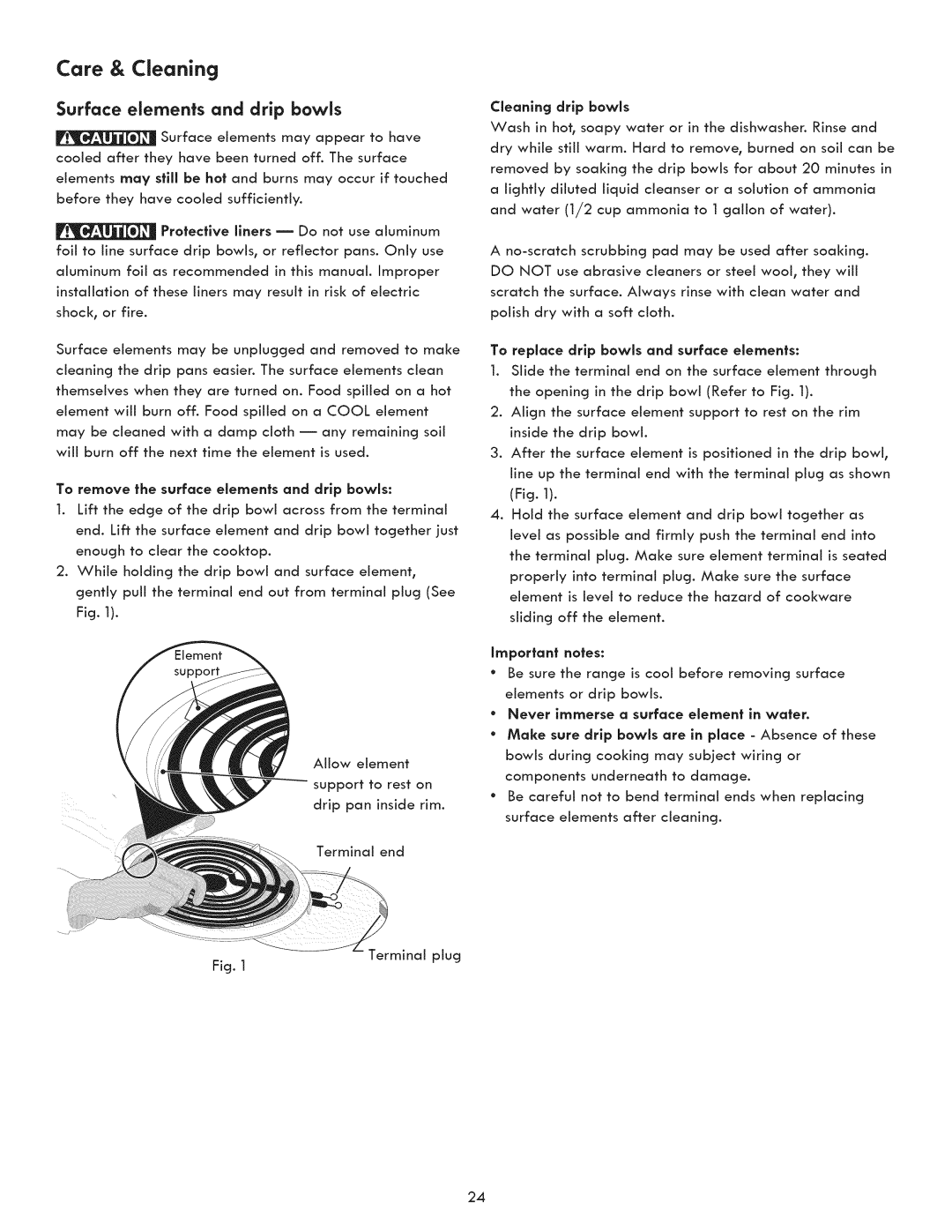 Kenmore 790.9031 manual Surface elements and drip bowls, To remove the surface elements and drip bowls, Cleaning drip bawls 