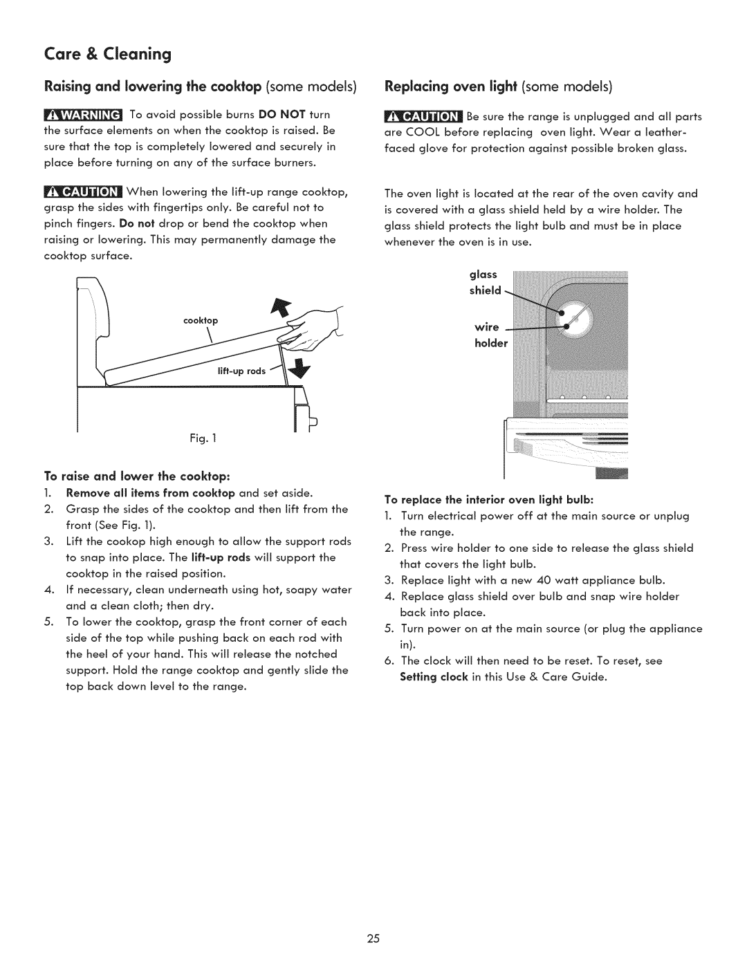 Kenmore 790.9031 manual Raising and lowering the cooktop some models, Replacing oven light some models, Wire 