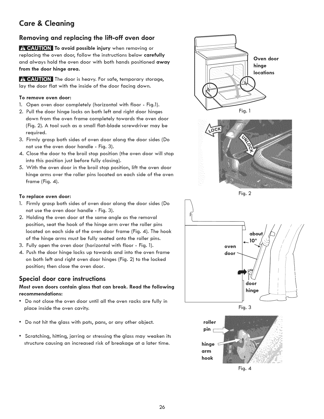 Kenmore 790.9031 manual Removing and replacing the lift-offoven door, Special door care instructions 