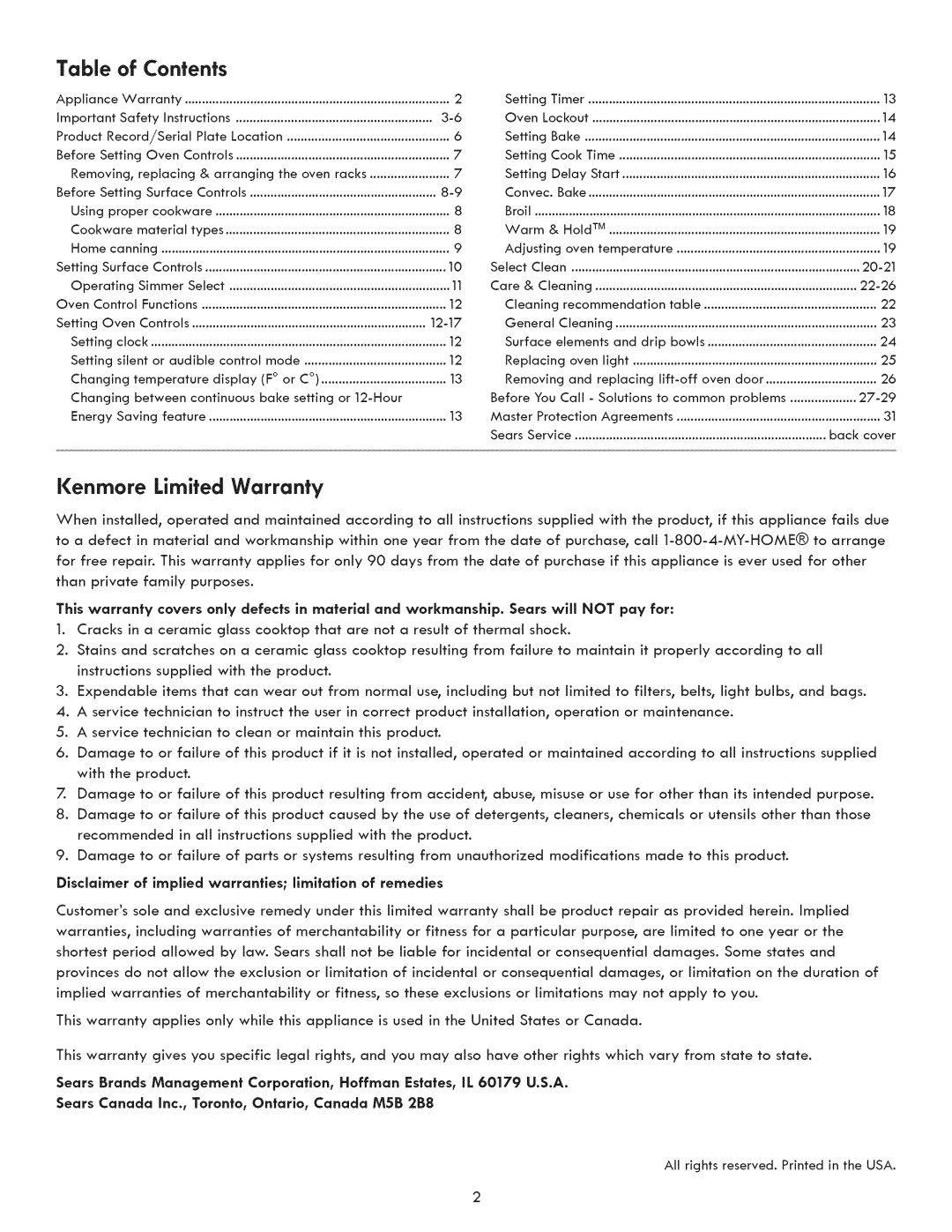 Kenmore 790.9031 manual of Contents, Kenmore, Limited Warranty 