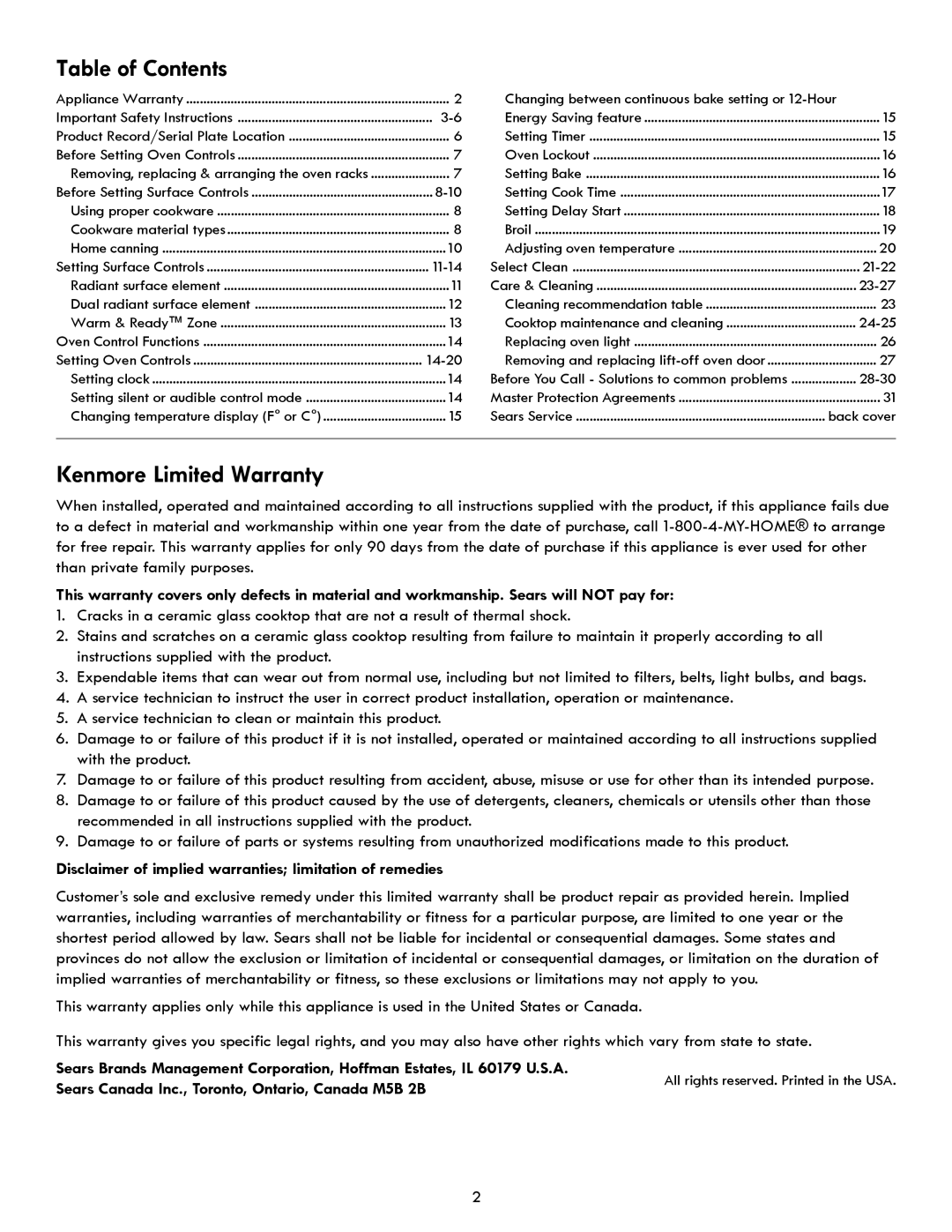 Kenmore 790.921, 790.923, 790.922, 790.924 manual Table of Contents, Kenmore Limited Warranty 