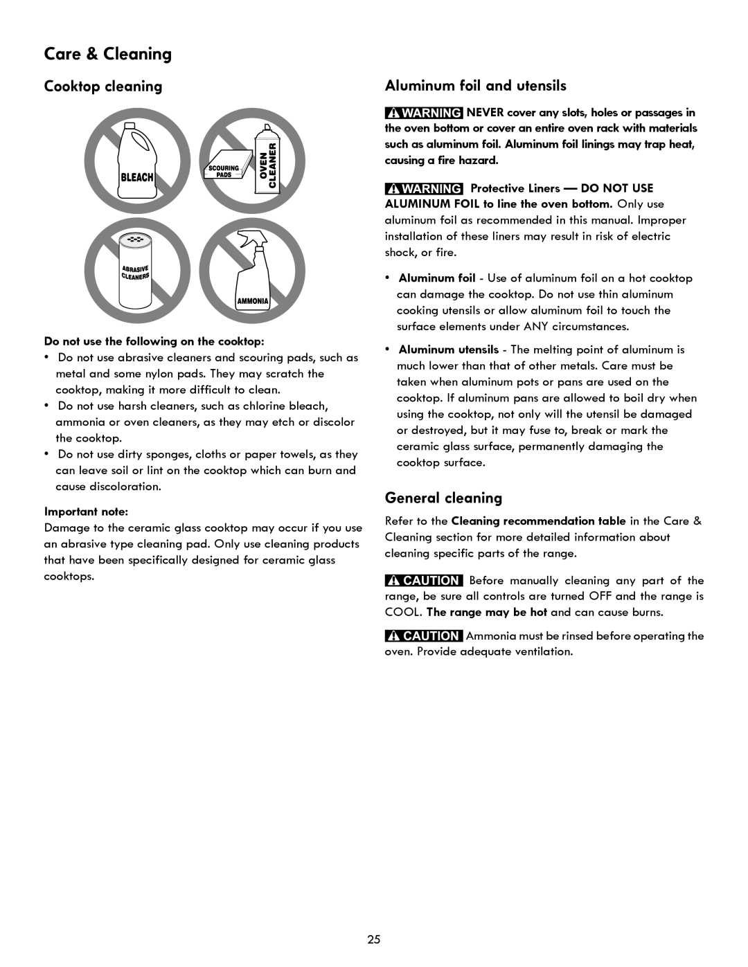 Kenmore 790.922, 790.923, 790.921 Aluminum foil and utensils, General cleaning, Do not use the following on the cooktop 