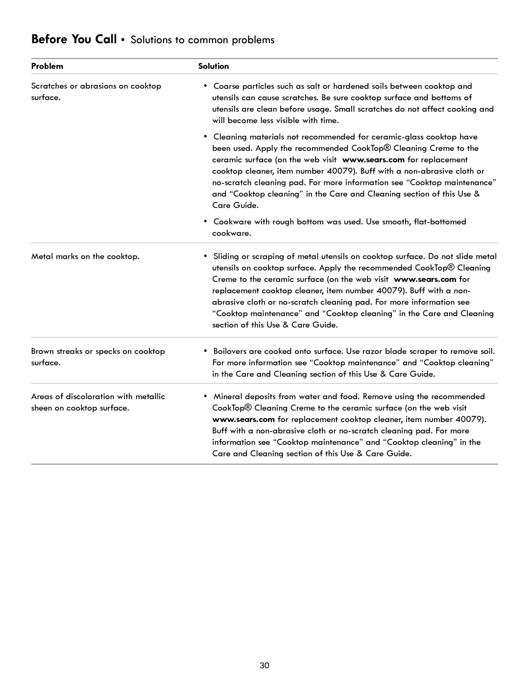 Kenmore 790.921, 790.923 Surface, Care and Cleaning section of this Use & Care Guide, Areas of discoloration with metallic 