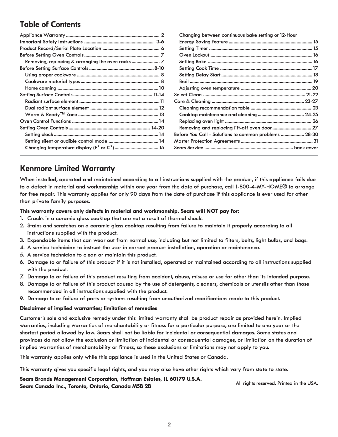 Kenmore 790.921 manual Table of Contents, Kenmore Limited Warranty, Disclaimer of implied warranties limitation of remedies 