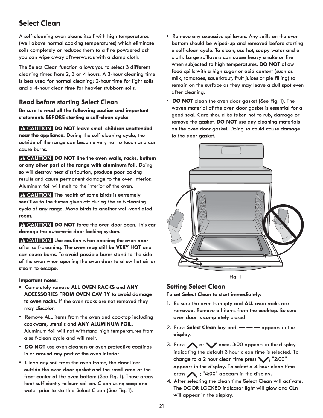 Kenmore 790.922 Read before starting Select Clean, Setting Select Clean, To set Select Clean to start immediately 