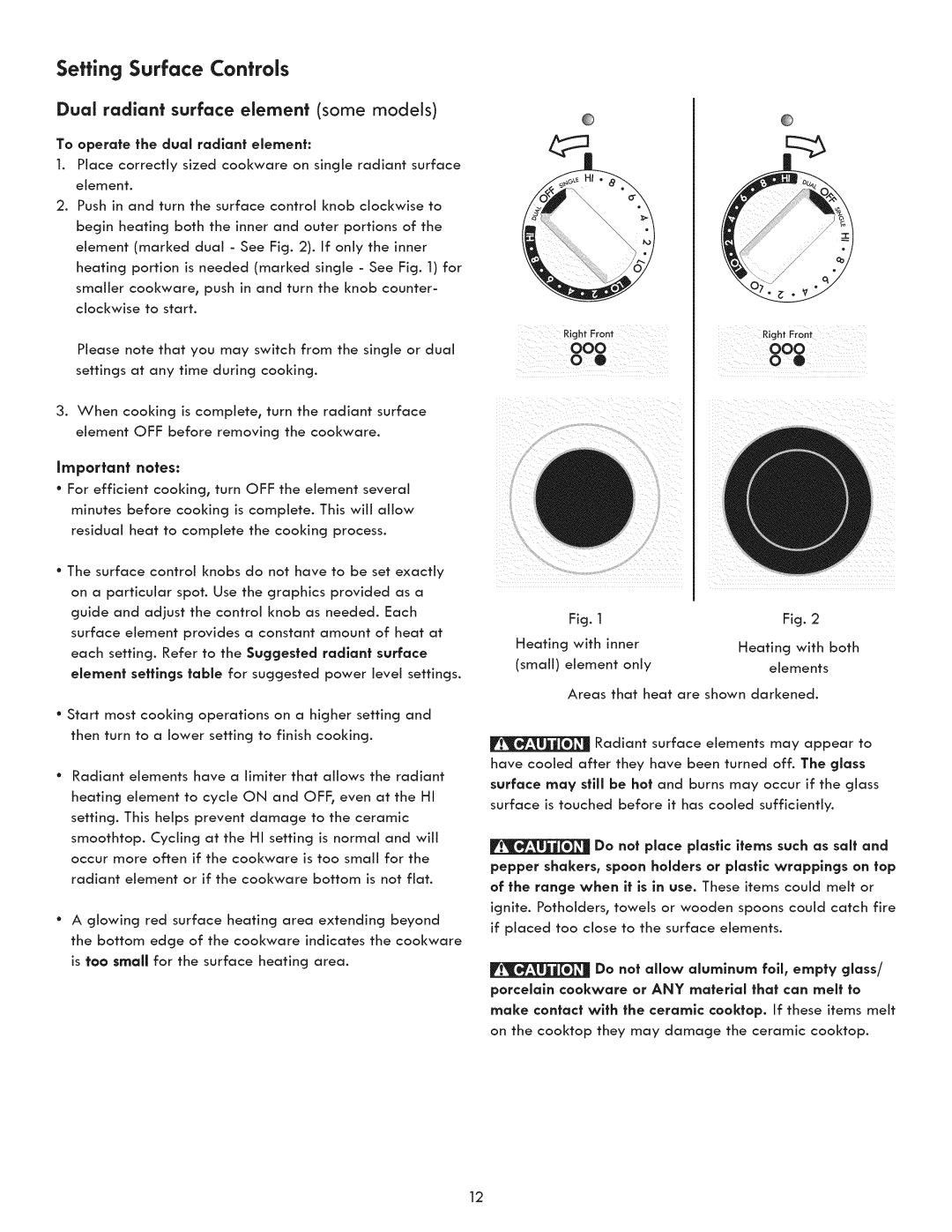 Kenmore 790.9290, 790.9270, 790.9280 manual Setting Surface Contro, Dual radiant surface element some models 