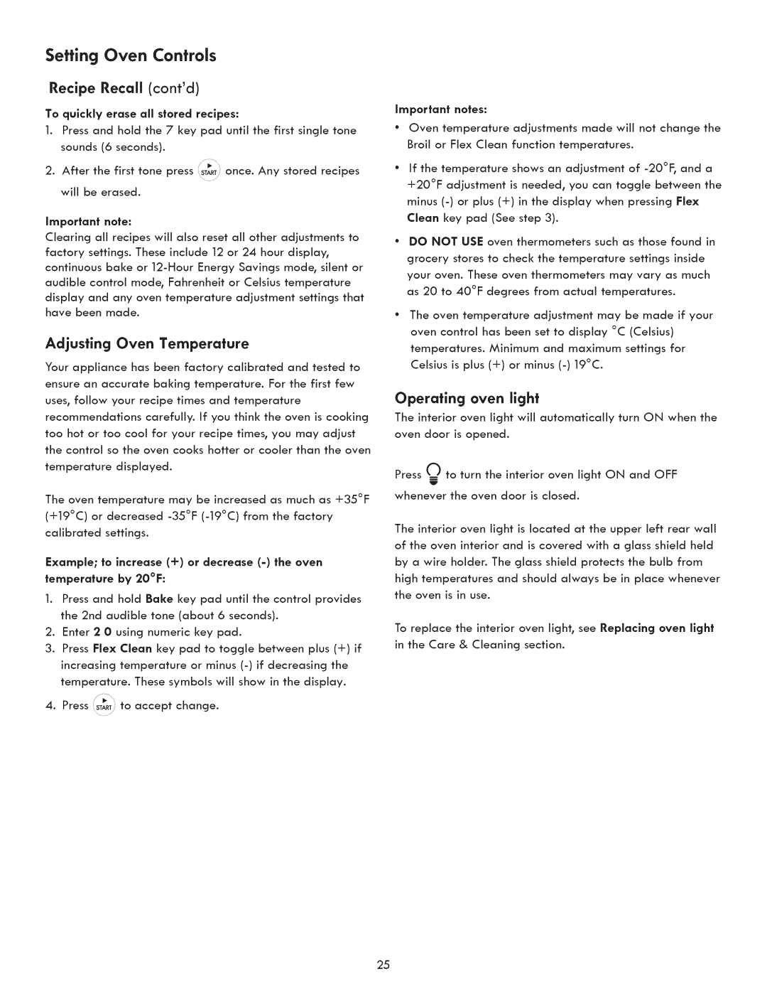 Kenmore 790.9270, 790.9290, 790.9280 Recipe Recall contd, Adjusting Oven Temperature, Operating oven light, Important note 