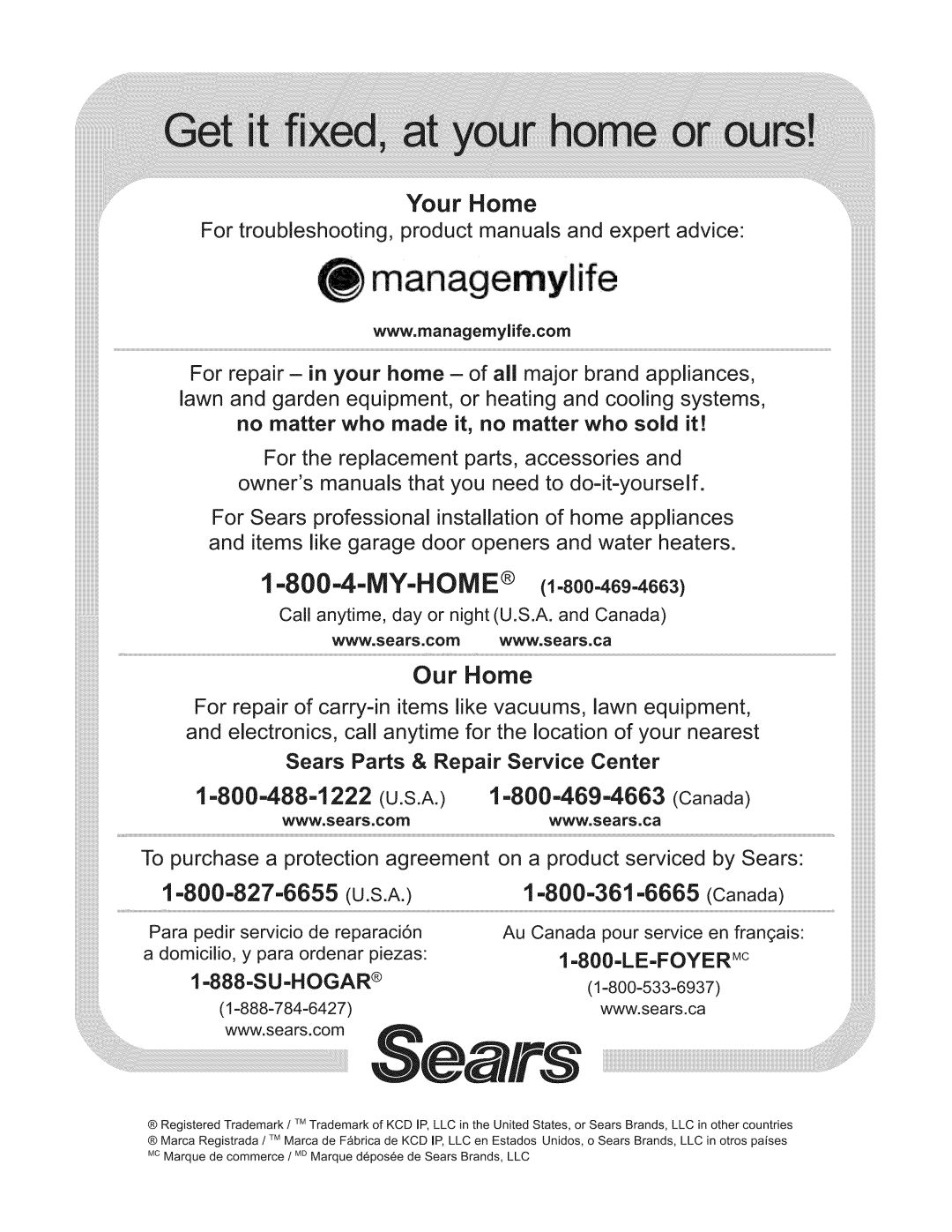 Kenmore 790.9270, 790.9290, 790.9280 manual Sears Parts&RepairServiceCenter, Call anytime, day or night U.S.A. and Canada 