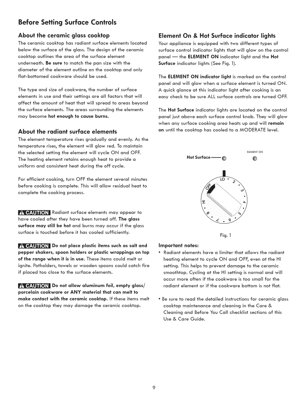 Kenmore 790.9290, 790.9270, 790.9280 manual Before Setting Surface Controls, Element On & Hot Surface indicator lights 