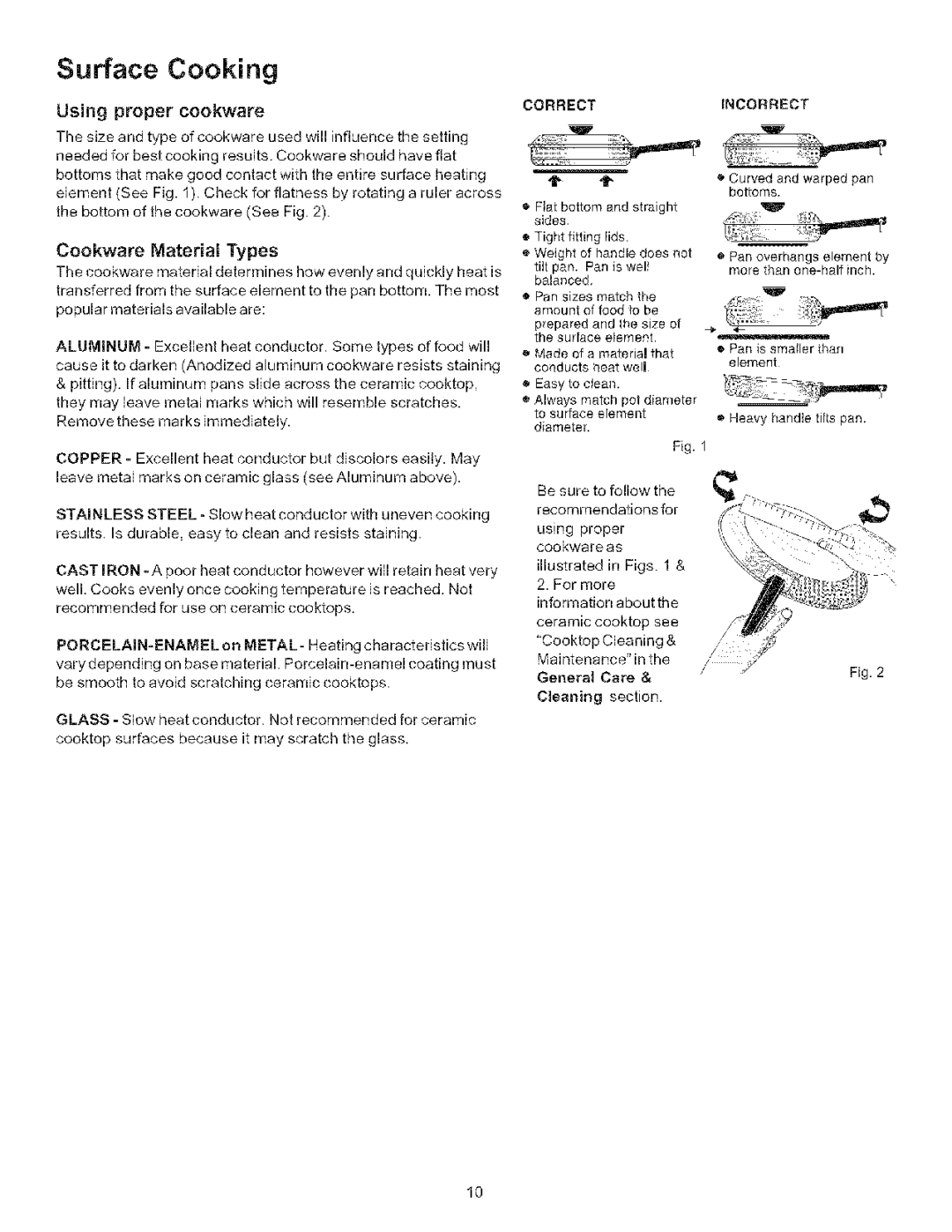 Kenmore 790.9402, 790.9403 manual Surface Cooking, Using proper cookware, Cookware Material Types 