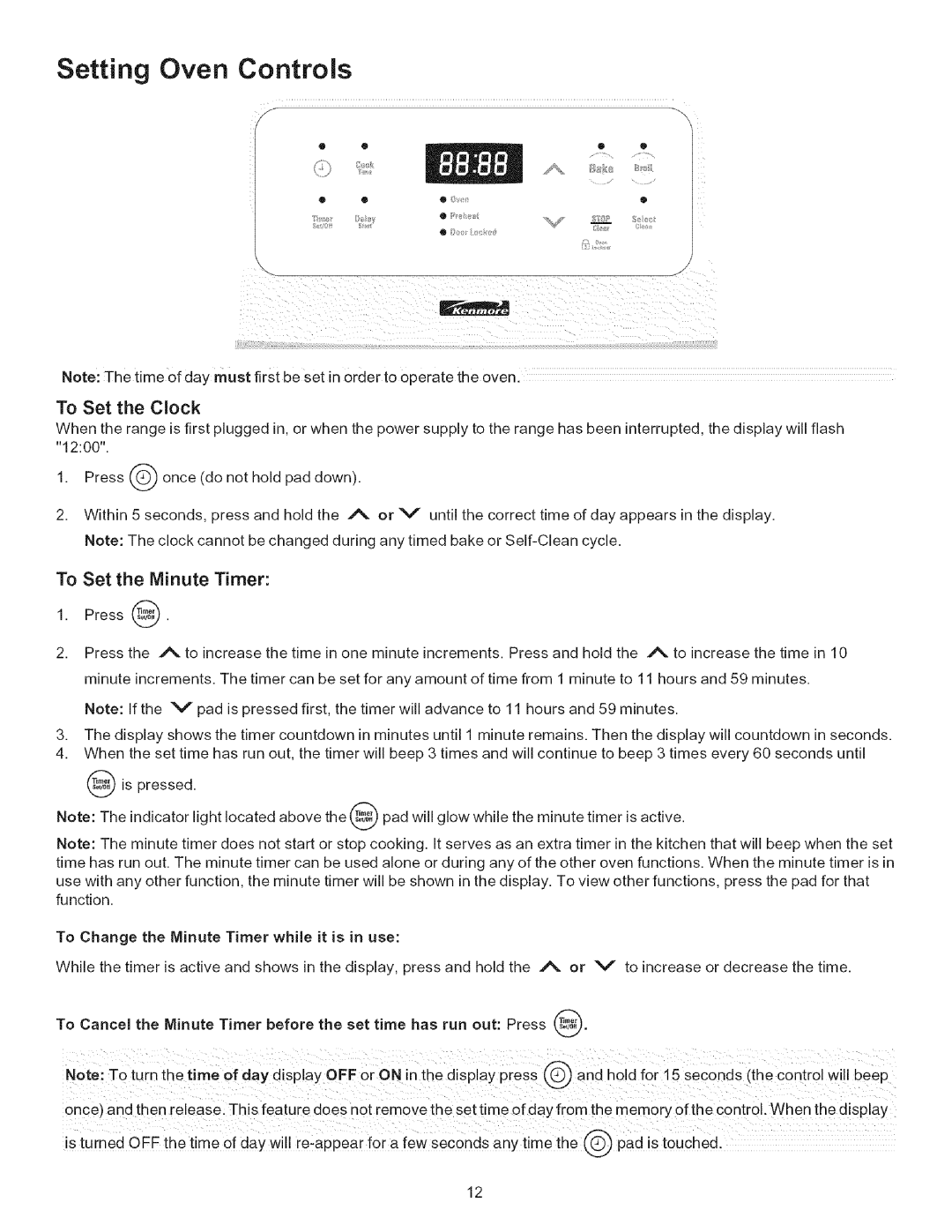 Kenmore 790.9402, 790.9403 manual Setting Oven Controls, To Set the Clock, To Set the Minute Timer 