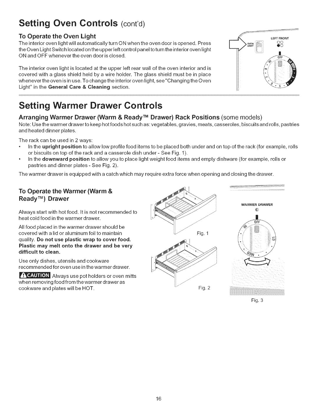 Kenmore 790.9402 Setting Warmer Drawer Controls, To Operate the Oven Light, To Operate the Warmer Warm Ready TM Drawer 