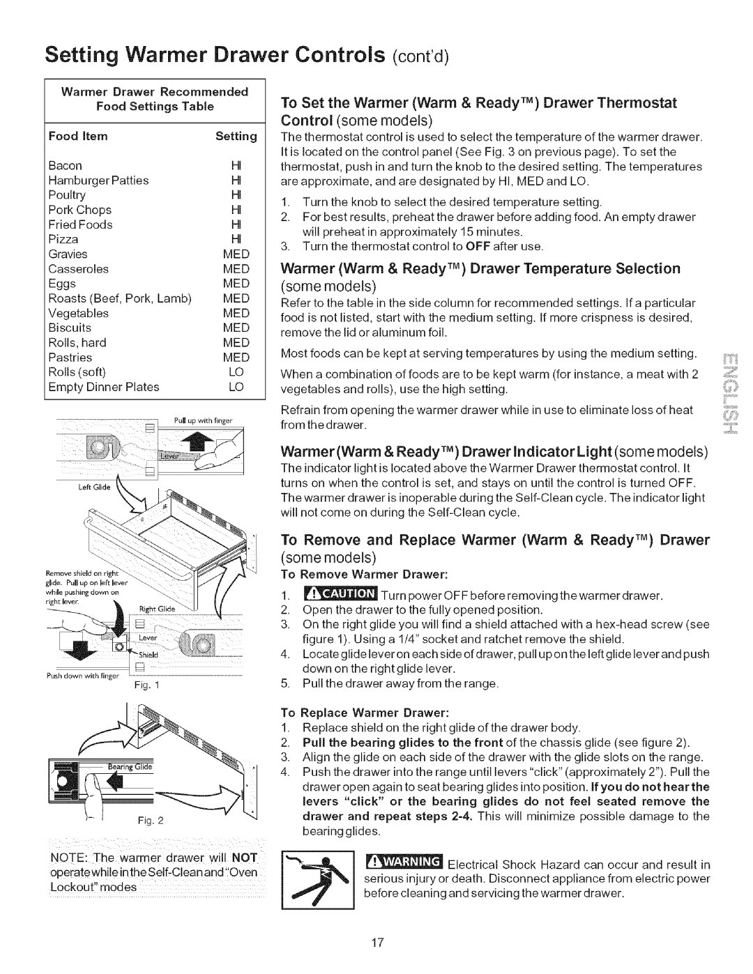 Kenmore 790.9403, 790.9402 Setting Warmer Drawer Controls contd, WarmerWarm & Ready TM Drawer Indicator Light some models 