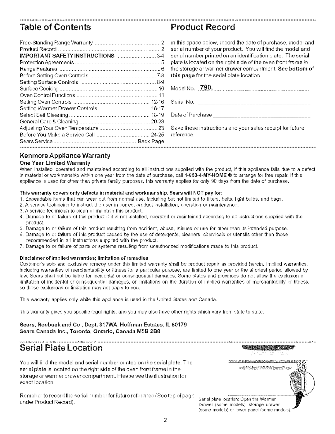 Kenmore 790.9402, 790.9403 manual Contents Product Record 