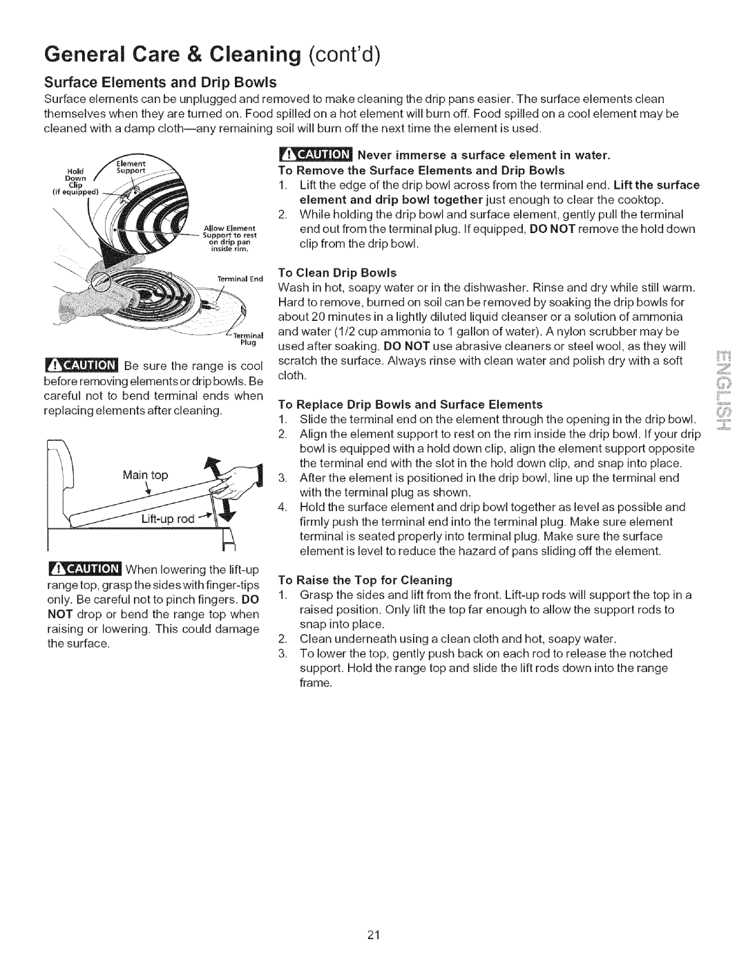 Kenmore 790.9403, 790.9402 manual General Care & Cleaning contd, Surface Elements and Drip Bowls 