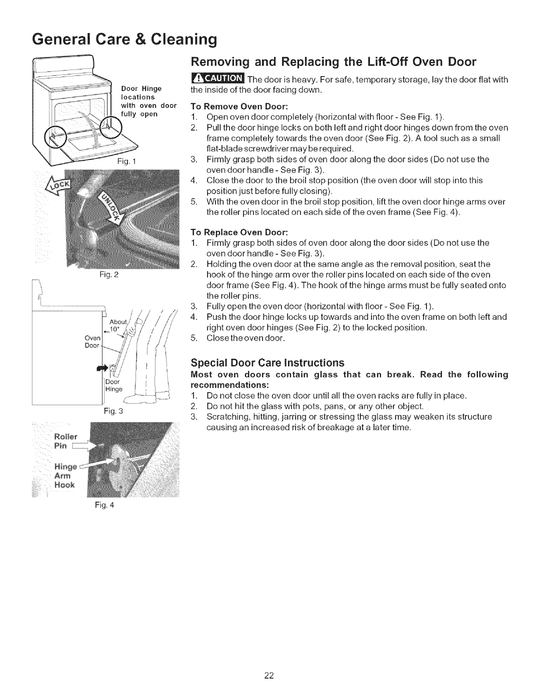 Kenmore 790.9402, 790.9403 manual Removing and Replacing the Lift-OffOven Door, Special Door Care Instructions 