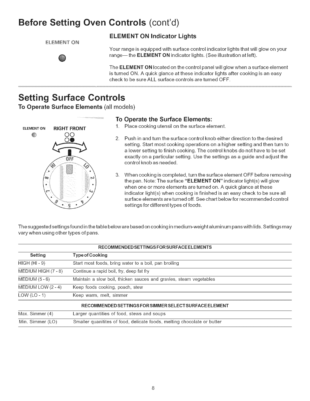 Kenmore 790.9402, 790.9403 manual Before Setting Oven Controls contd, Setting Surface Controls, Element on indicator Lights 