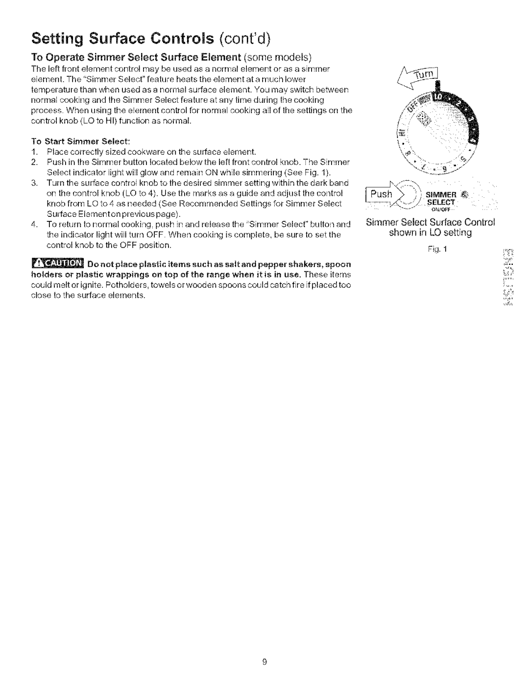 Kenmore 790.9403, 790.9402 manual Setting Surface Controls contd, To Operate Simmer Select Surface Element some models 