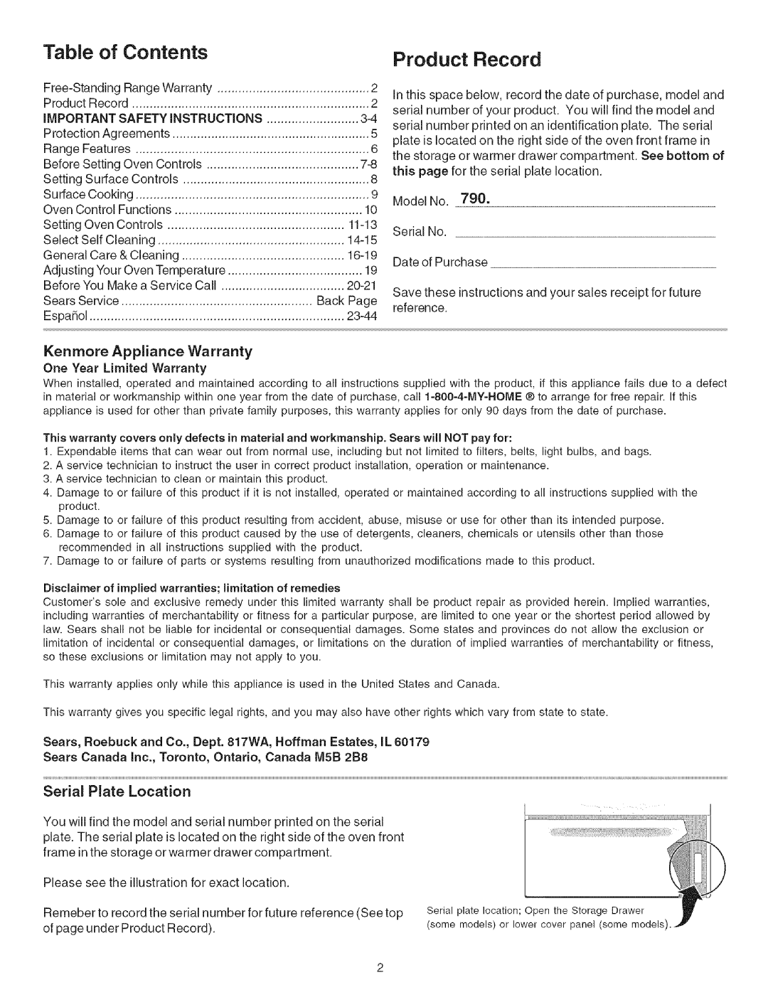 Kenmore 790.9091, 790.9411, 790.9413 manual Kenmore Appliance Warranty, Serial Plate Location, IMPORTANT Safety iNSTRUCTiONS 