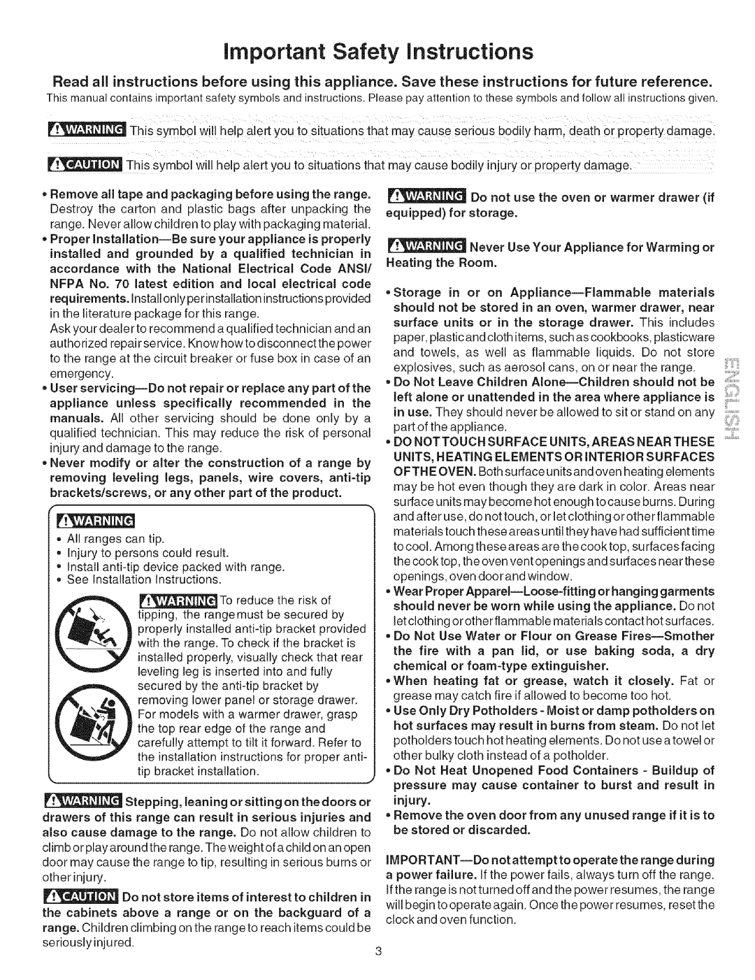 Kenmore 790.9412, 790.9411, 790.9413 manual Important Safety instructions, User servicing--Do not repair or replace any part 