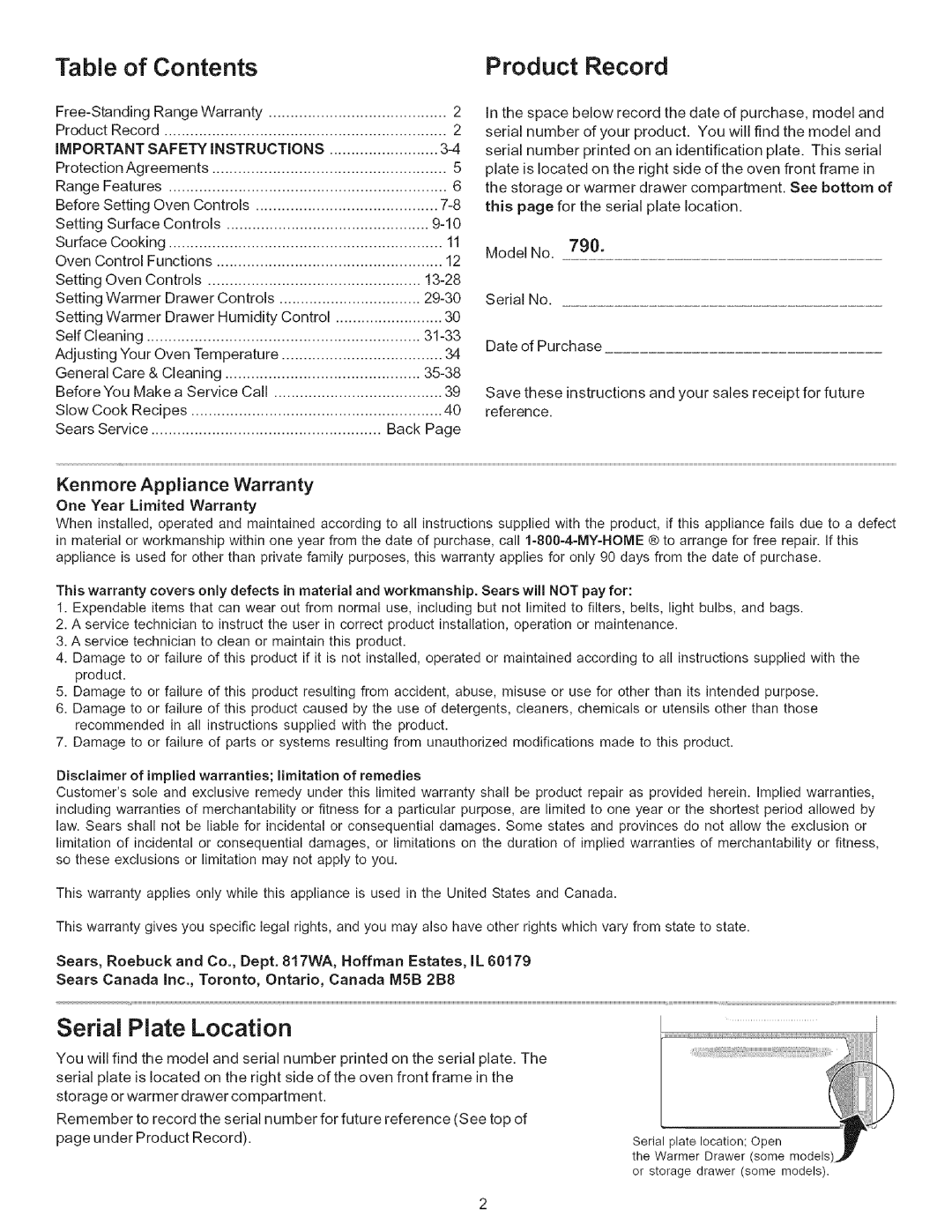 Kenmore 790.9446 manual Table of Contents Product Record, Serial Plate Location 