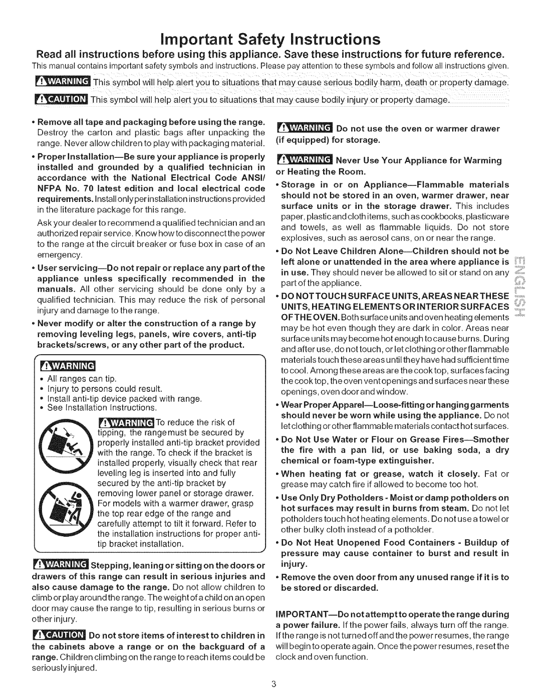 Kenmore 790.9446 manual Important Safety instructions, Install only per installationinstructions provided 