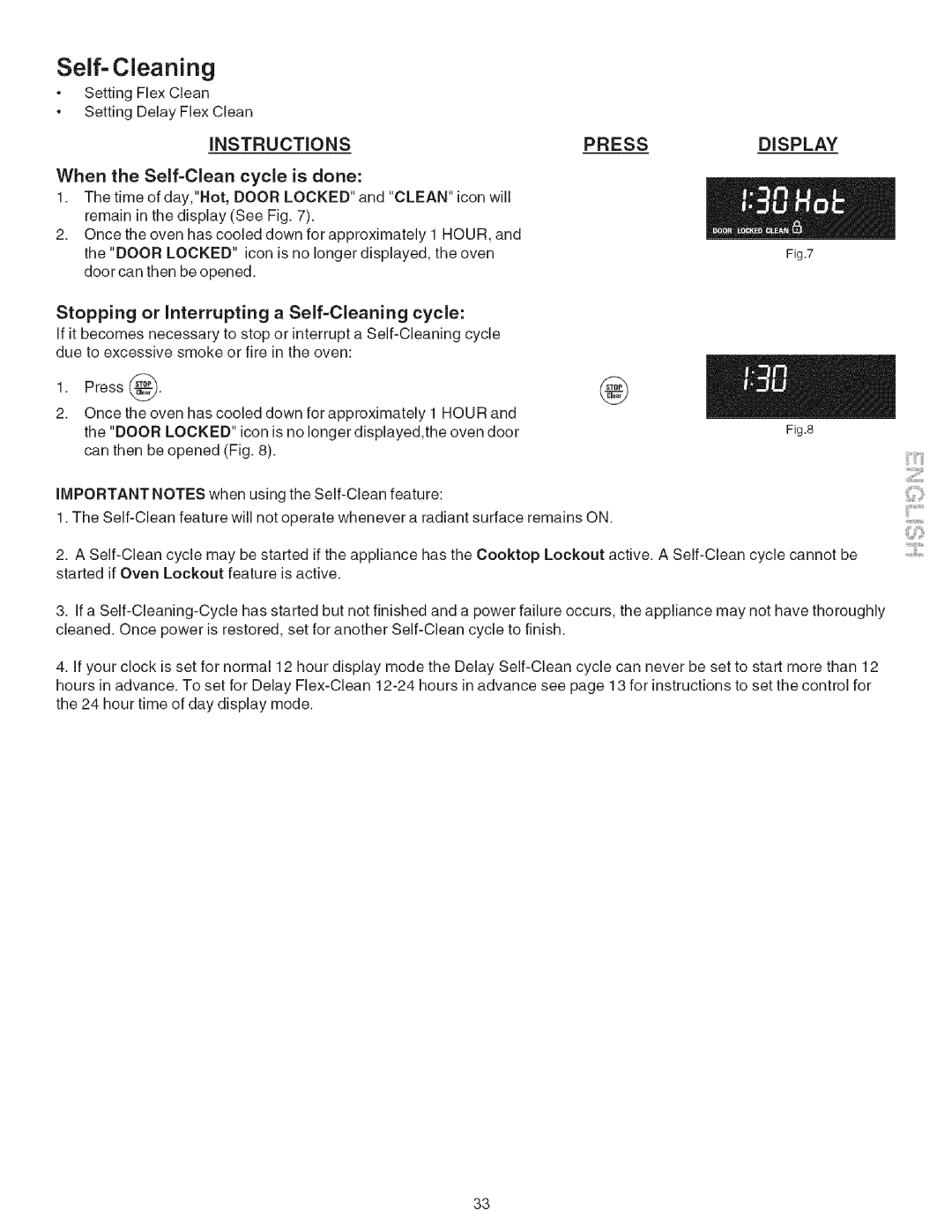 Kenmore 790.9446 manual Display, Stopping or interrupting a Self-Cleaning cycle 