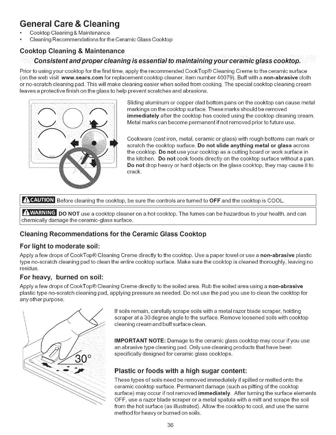 Kenmore 790.9446 manual General Care & Cleaning, Cooktop Cleaning & Maintenance, For heavy, burned on soil 