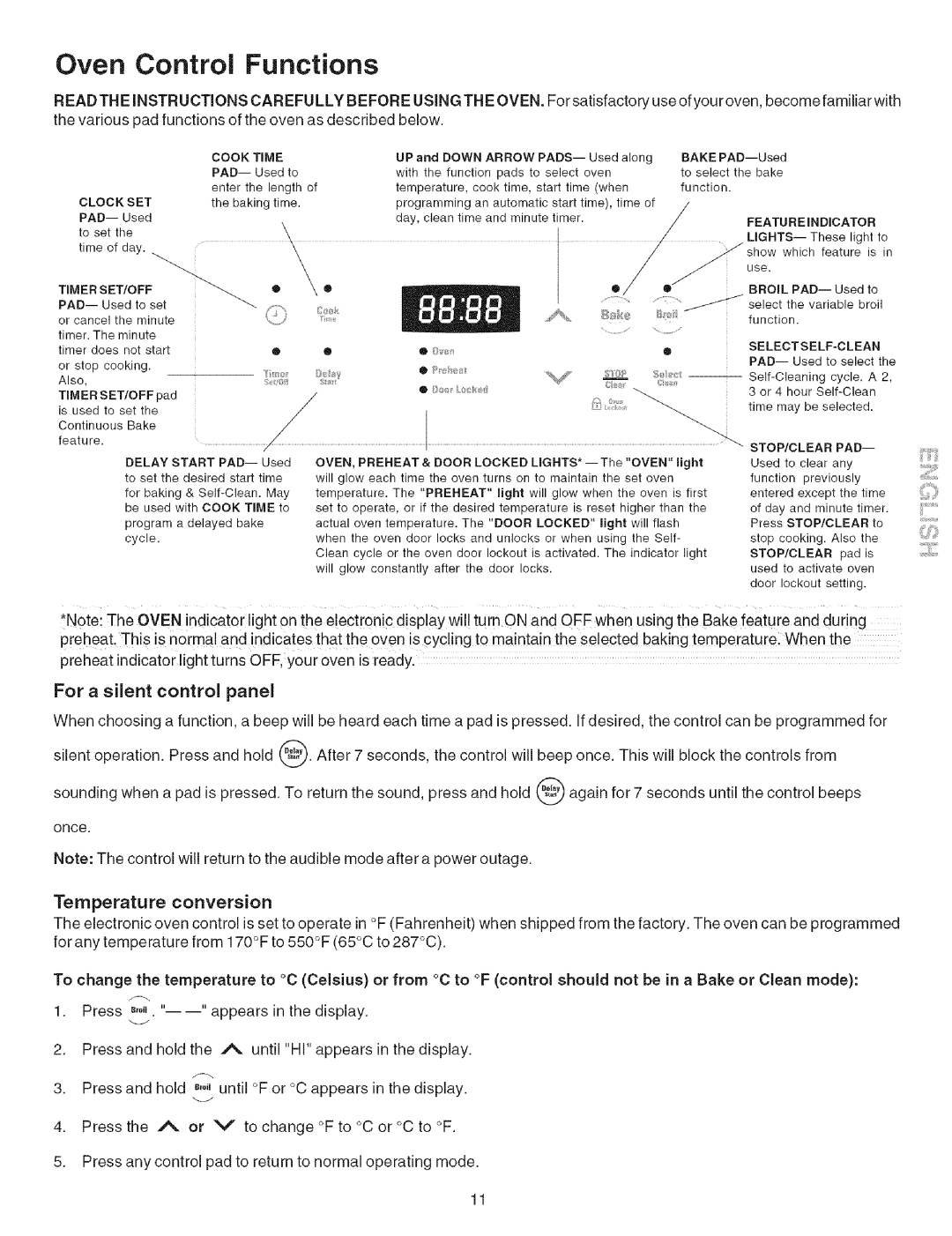 Kenmore 790.9602, 790.9600, 790.9601, 790.9603 manual Oven Control Functions, For a silent control panel 