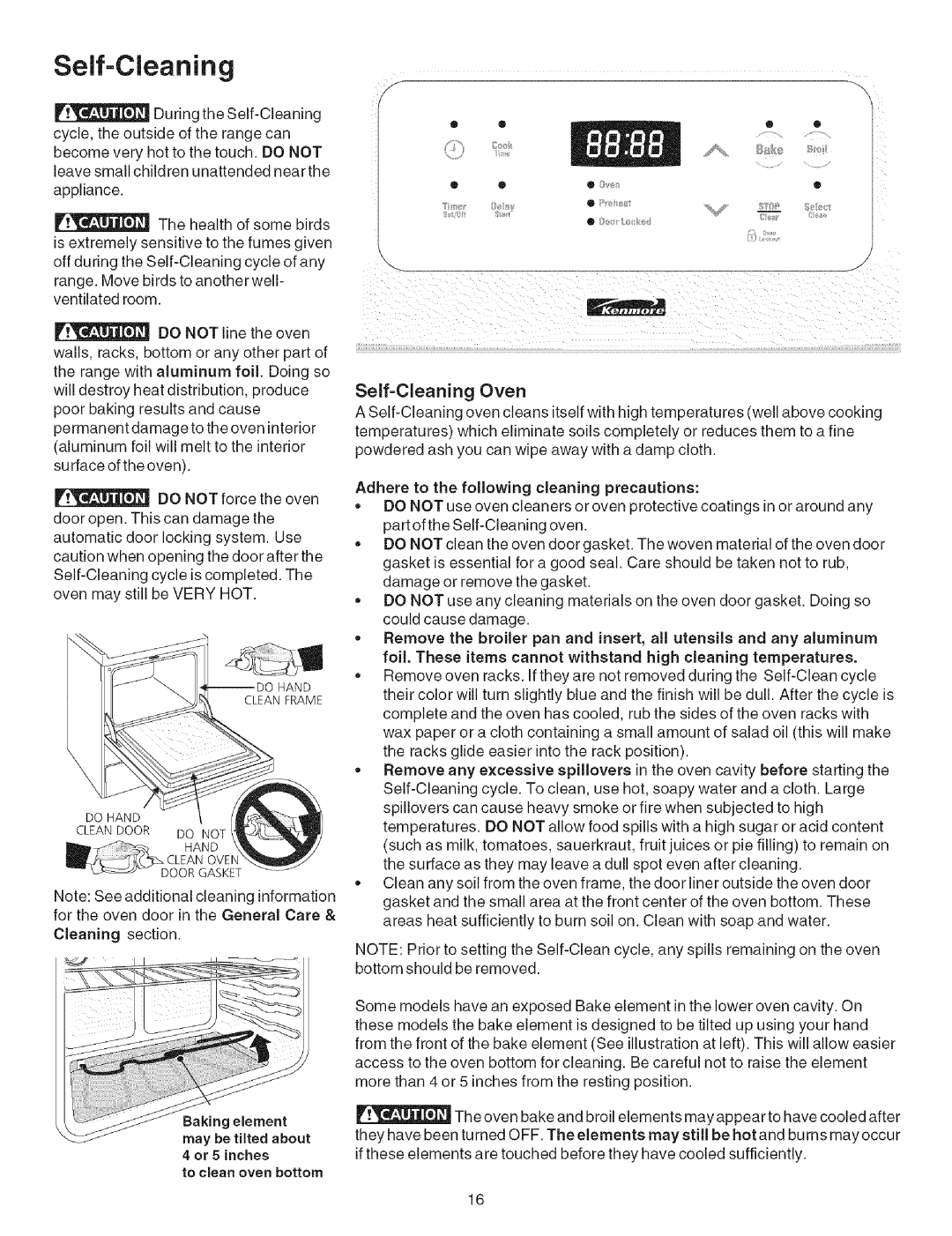 Kenmore 790.9600, 790.9601, 790.9603, 790.9602 manual Self-Cleaning, Or 5 inches, Adhere to the following cleaning precautions 