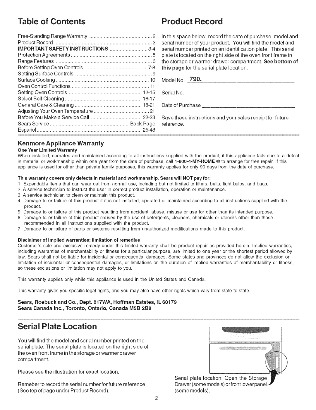 Kenmore 790.9603, 790.9600, 790.9601, 790.9602 manual Contents Product Record 