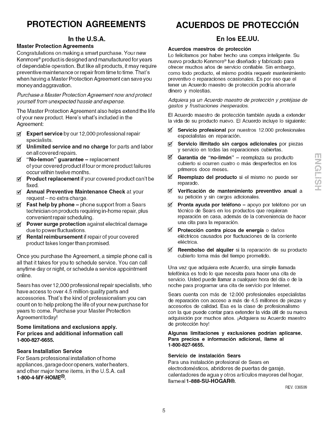 Kenmore 790.9601, 790.9600, 790.9603, 790.9602 manual U.S.A, Master Protection Agreements, Acuerdos maestros de proteccibn 