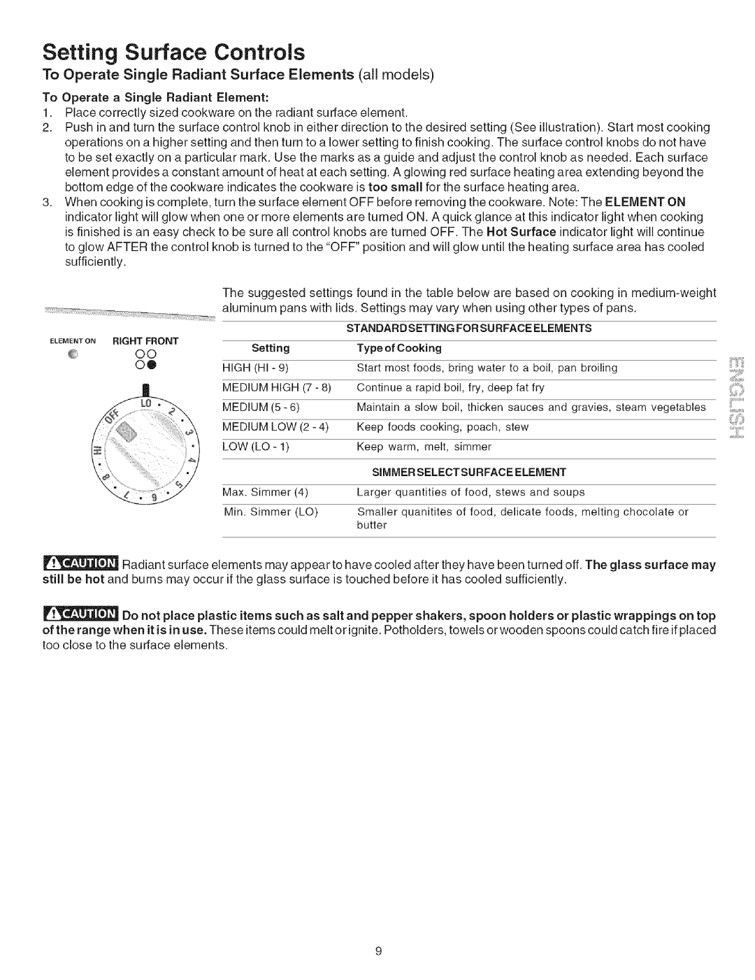 Kenmore 790.9601, 790.9600, 790.9603 manual Setting Surface Controls, To Operate Single Radiant Surface Elements all models 